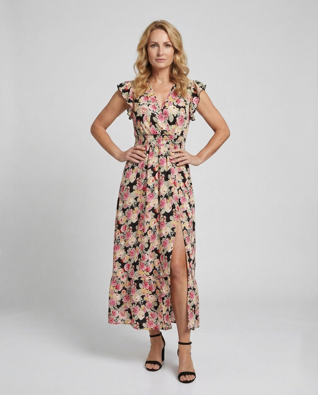 Women's Wrap Maxi Dress with Ruffle Tier - Front View