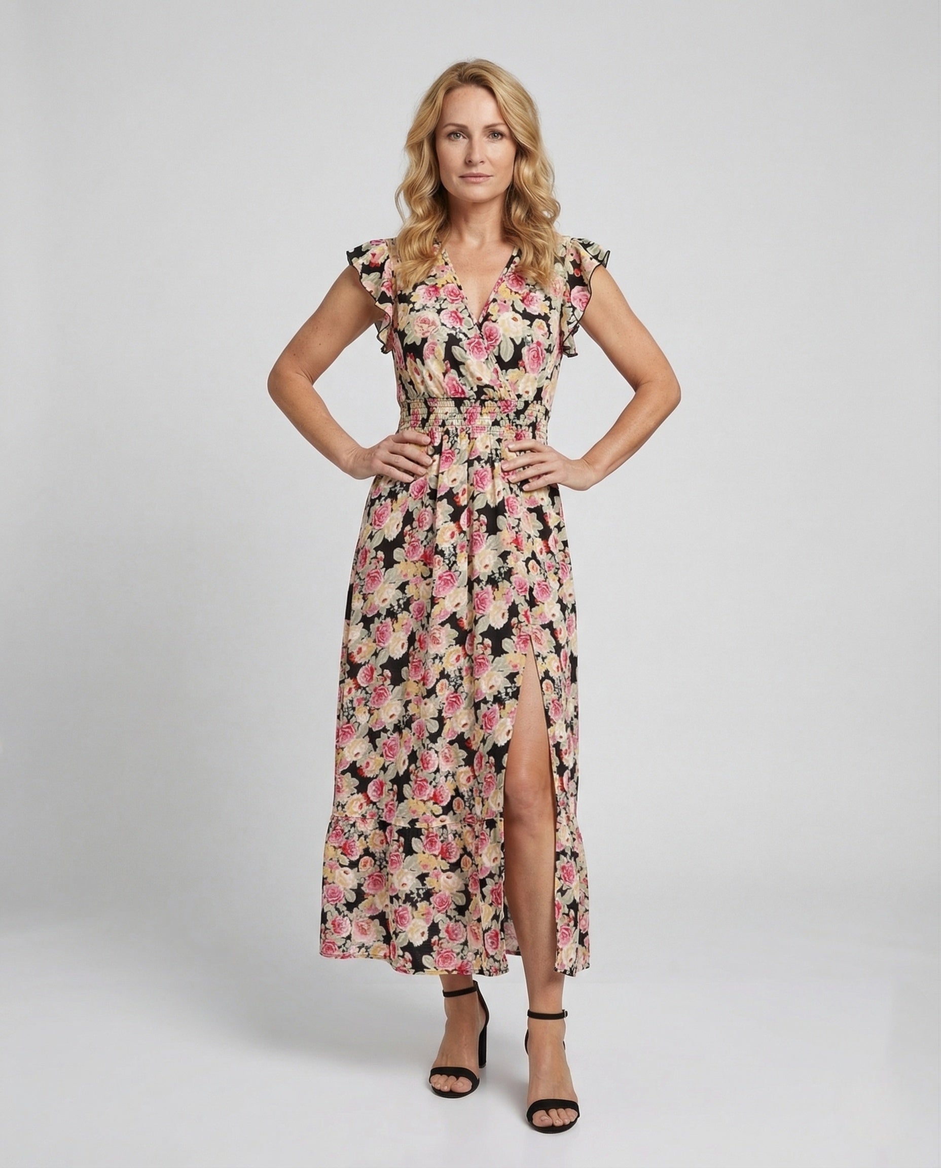 Women's Wrap Maxi Dress with Ruffle Tier - Front View