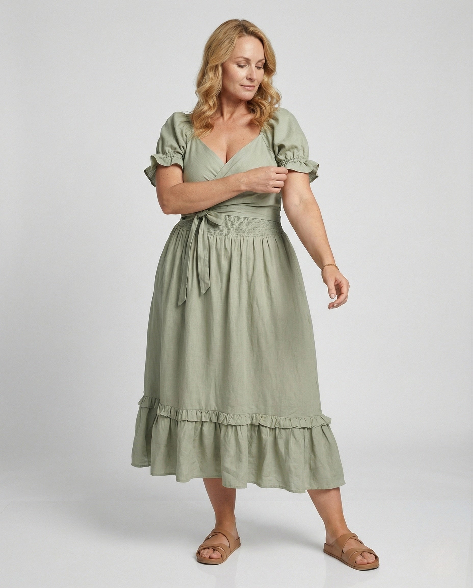 Women's Midi Dress with Knot Front and Puff Sleeves - Front View