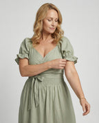 Women's Midi Dress with Knot Front and Puff Sleeves - Upper Body View