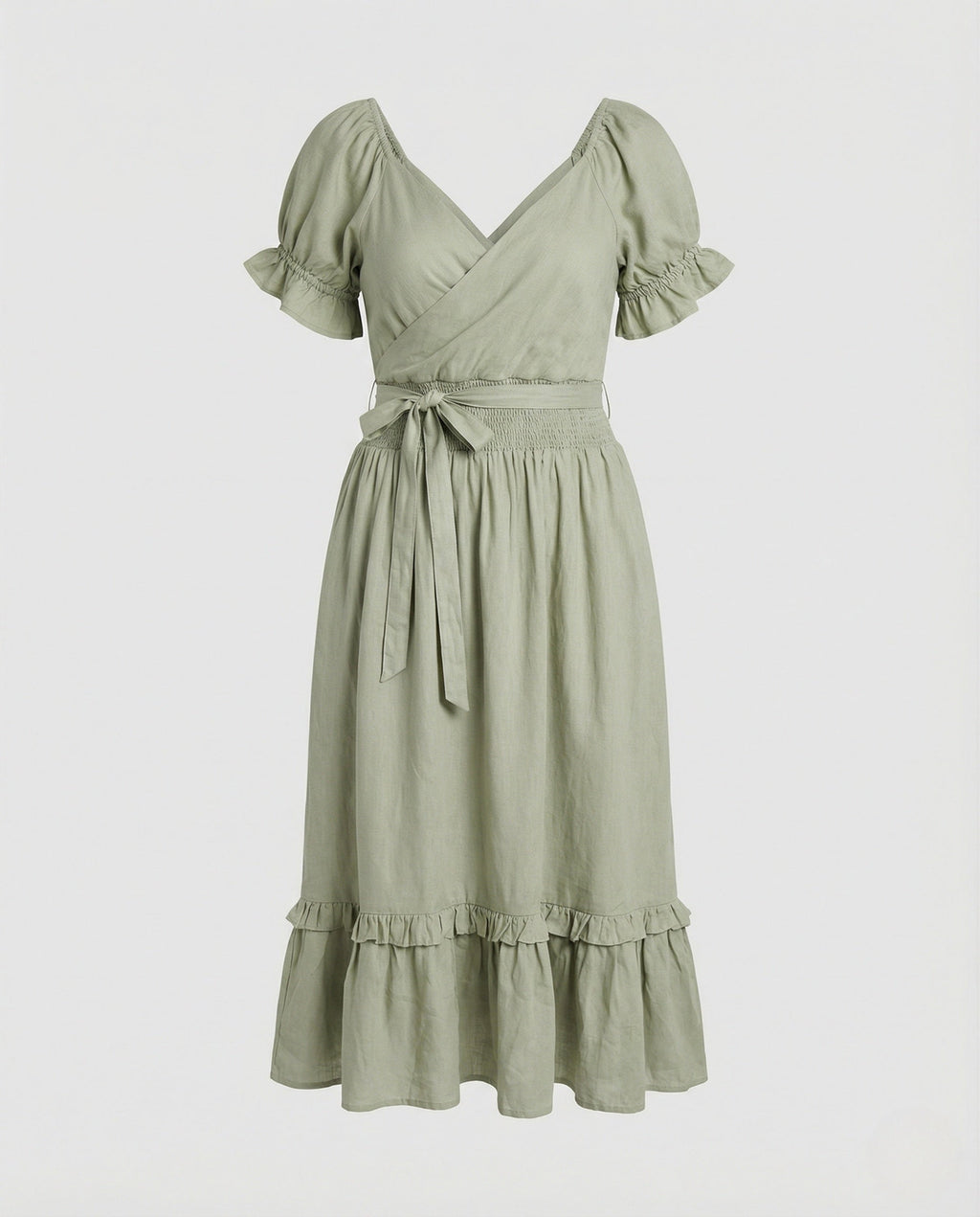Women's Midi Dress with Knot Front and Puff Sleeves