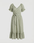 Women's Midi Dress with Knot Front and Puff Sleeves