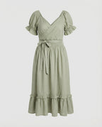 Women's Midi Dress with Knot Front and Puff Sleeves
