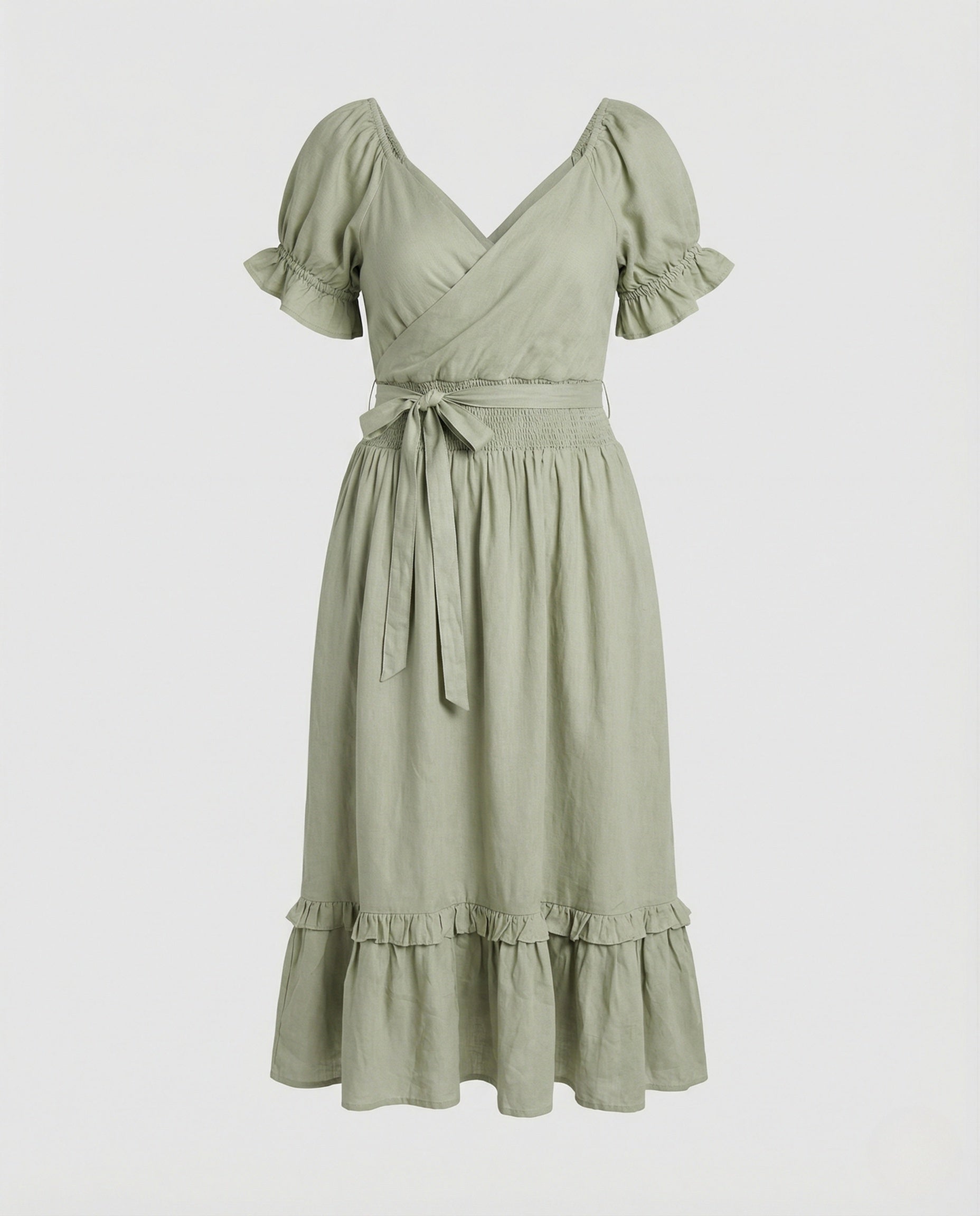 Women's Midi Dress with Knot Front and Puff Sleeves