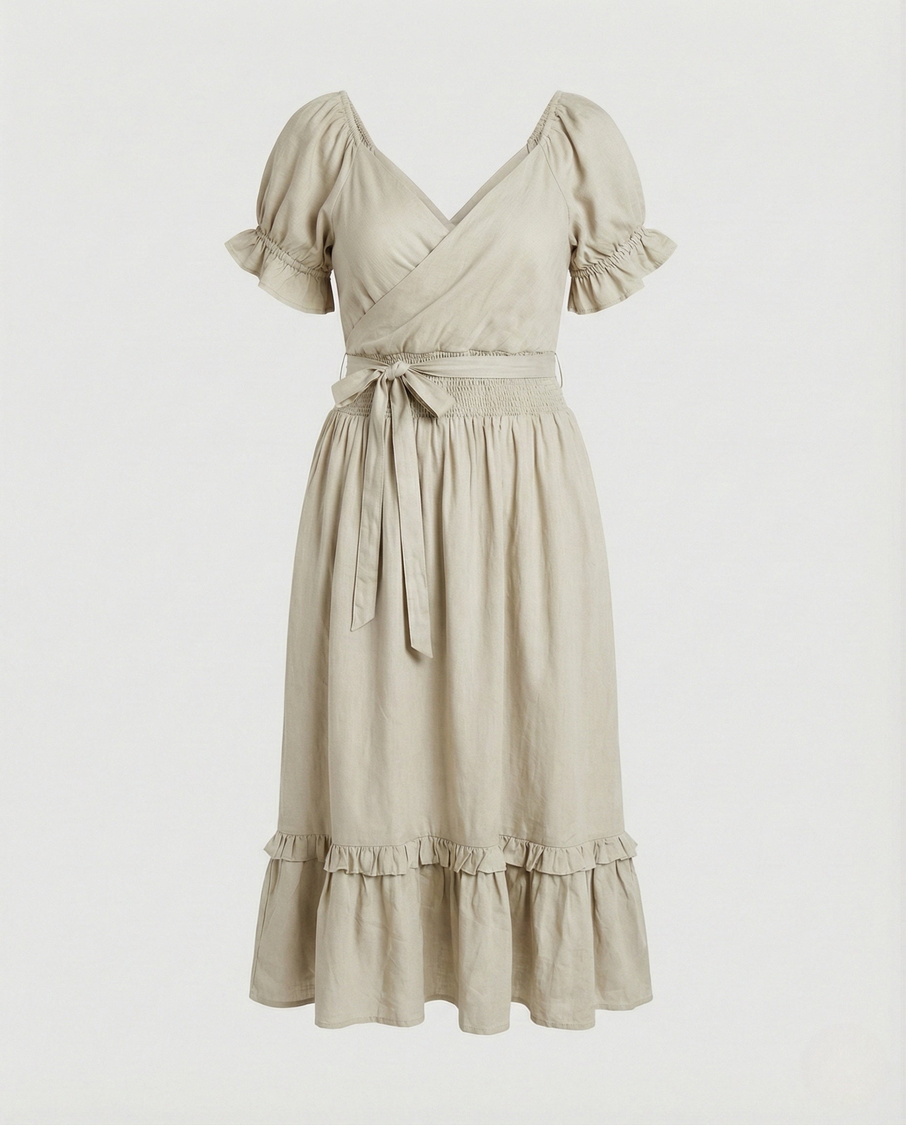 Women's Midi Dress with Knot Front and Puff Sleeves