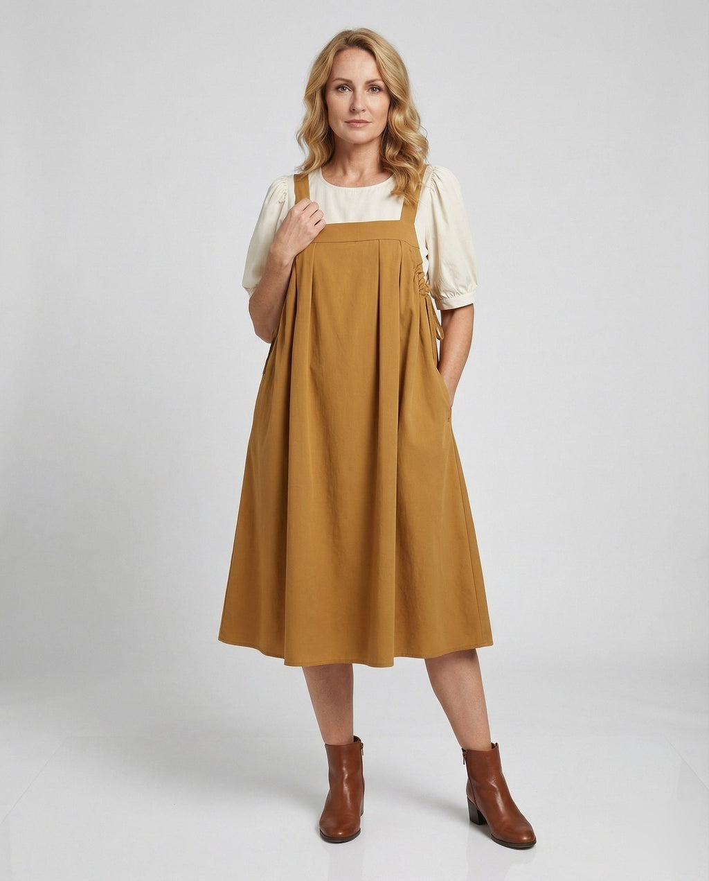Women's Sleeveless Overall Dress with Pleated Skirt - Front View