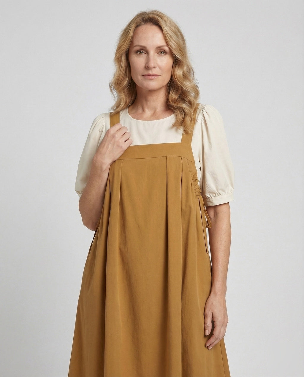 Women's Sleeveless Overall Dress with Pleated Skirt - Upper Body View