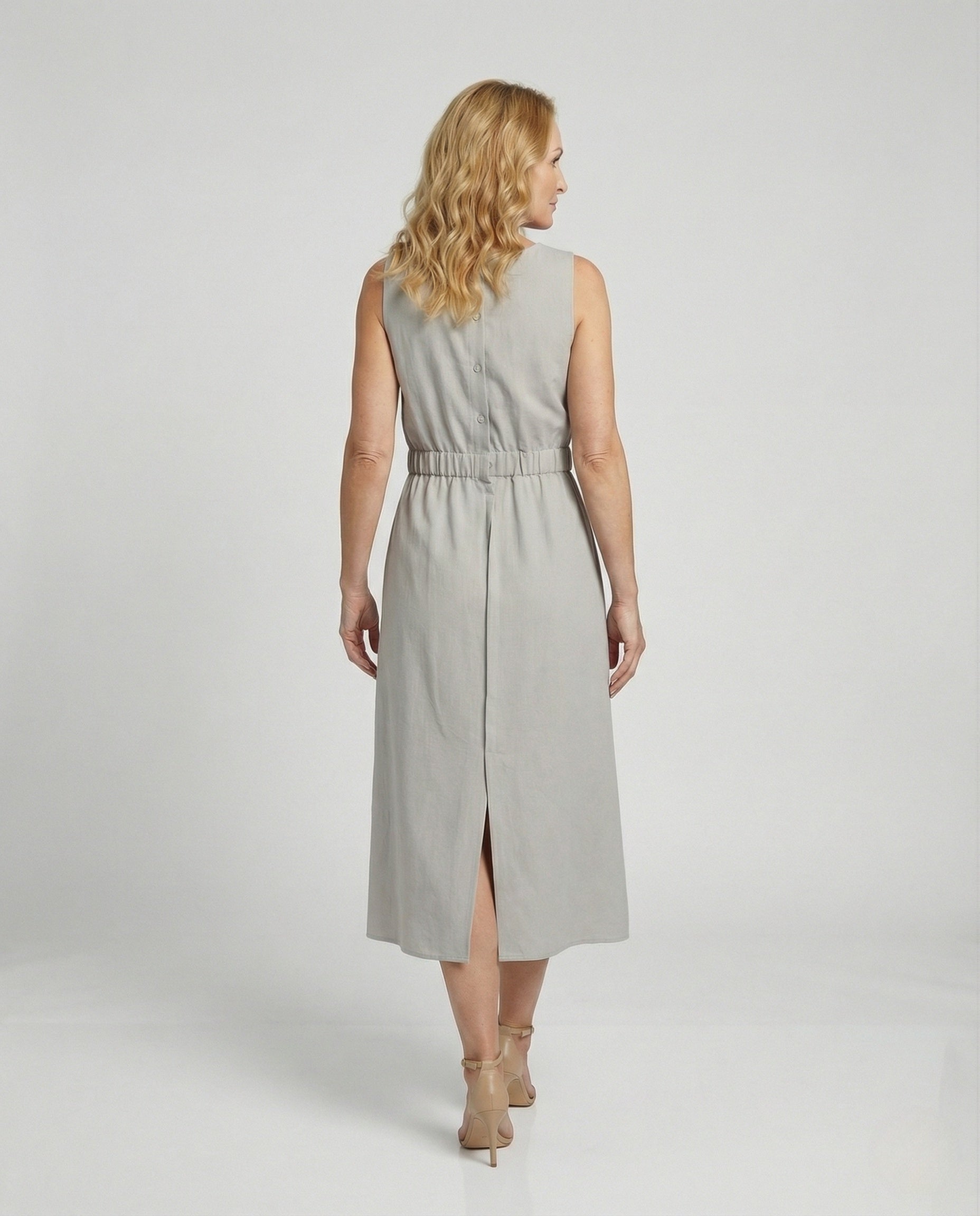 Women's Sleeveless Linen Midi Dress with Pockets - Back View