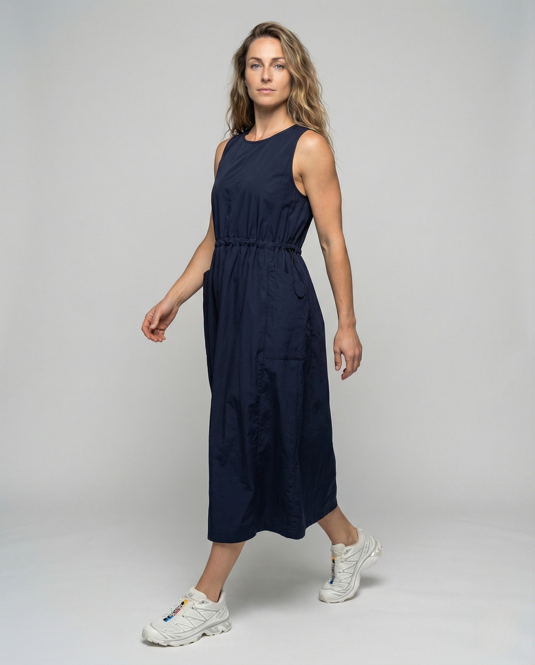 Women's Sleeveless Midi Dress with Drawstring Waist - Front View