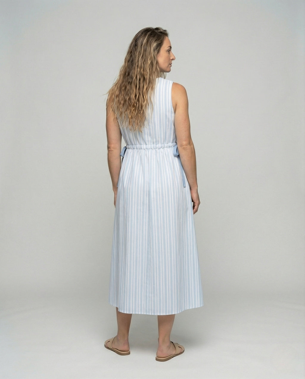 Women's Sleeveless A-Line Midi Dress with Drawstring - Back View
