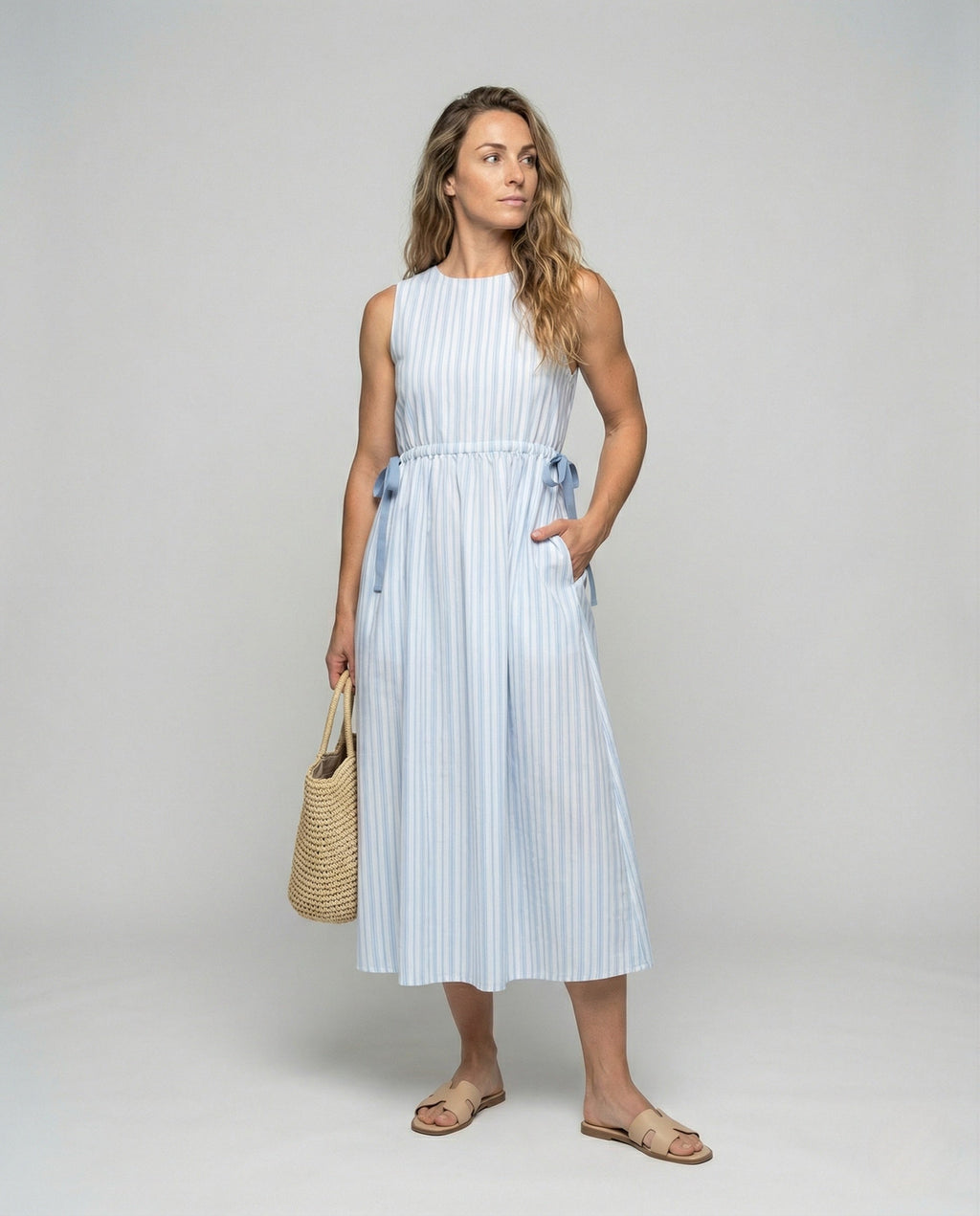 Women's Sleeveless A-Line Midi Dress with Drawstring - Front View