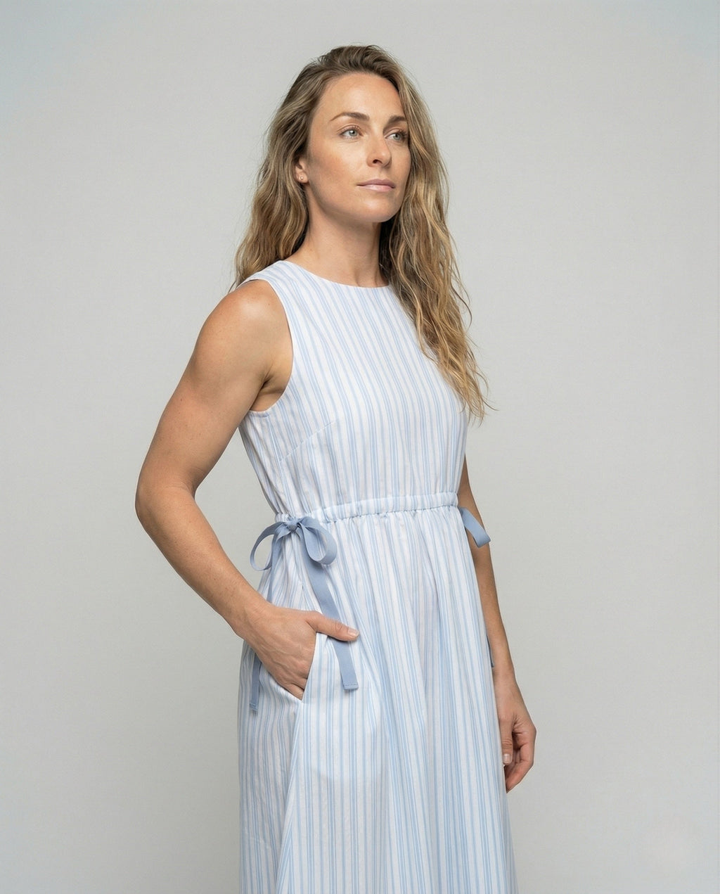 Women's Sleeveless A-Line Midi Dress with Drawstring - Upper Body View