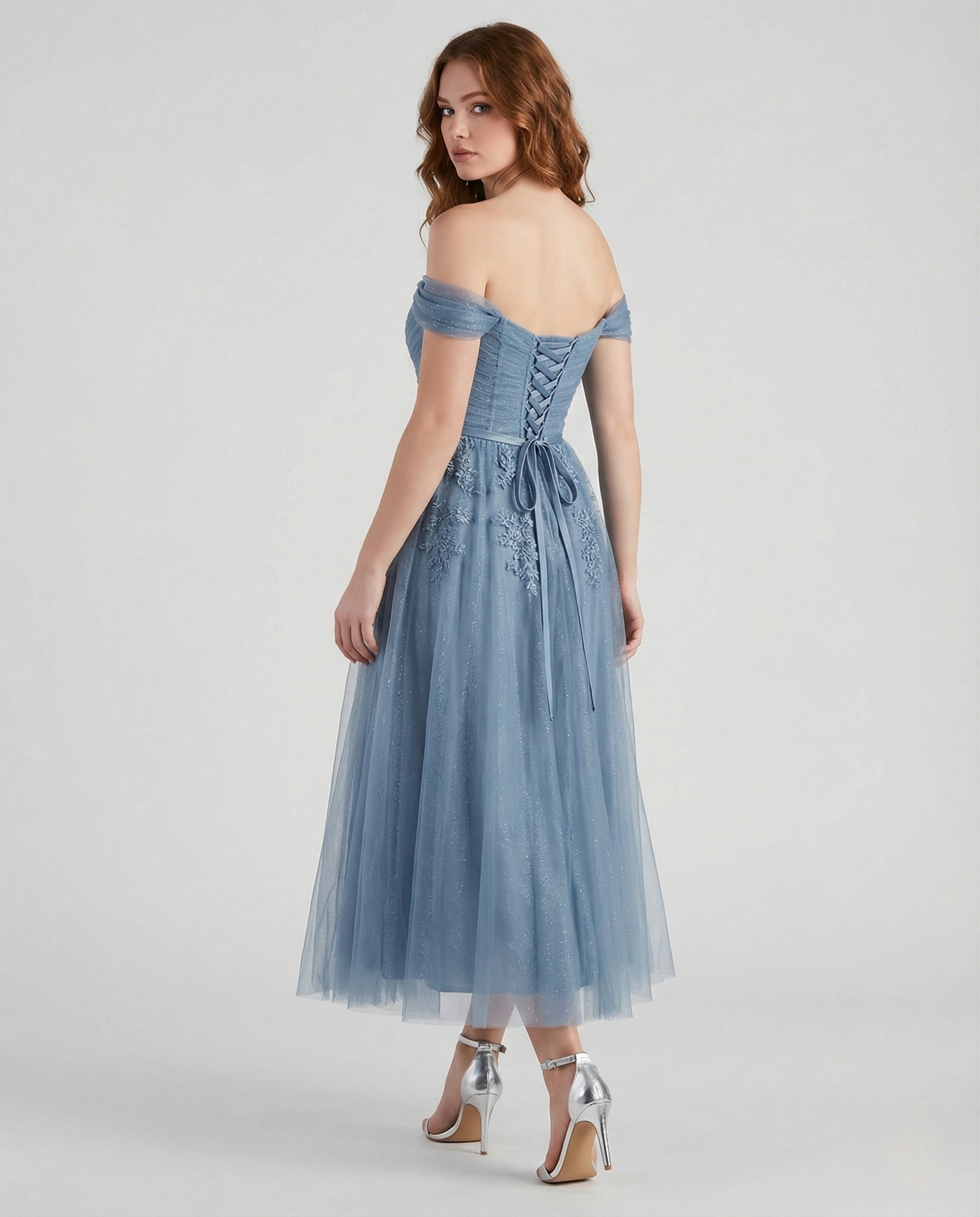 Women's Floor-Length Carmen Evening Dress with Lace - Back View