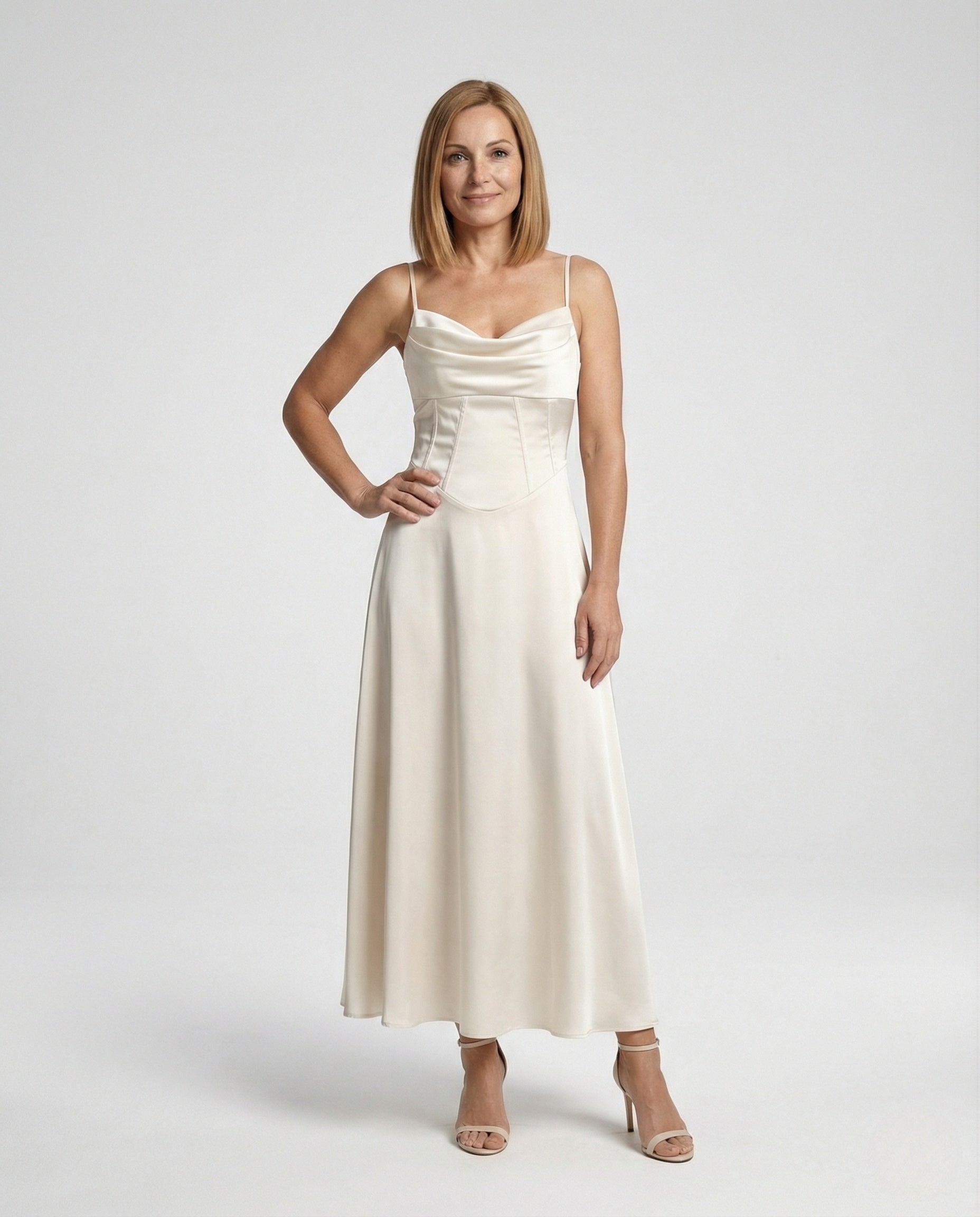 Women's Satin Maxi Dress with Draped Neckline - Front View