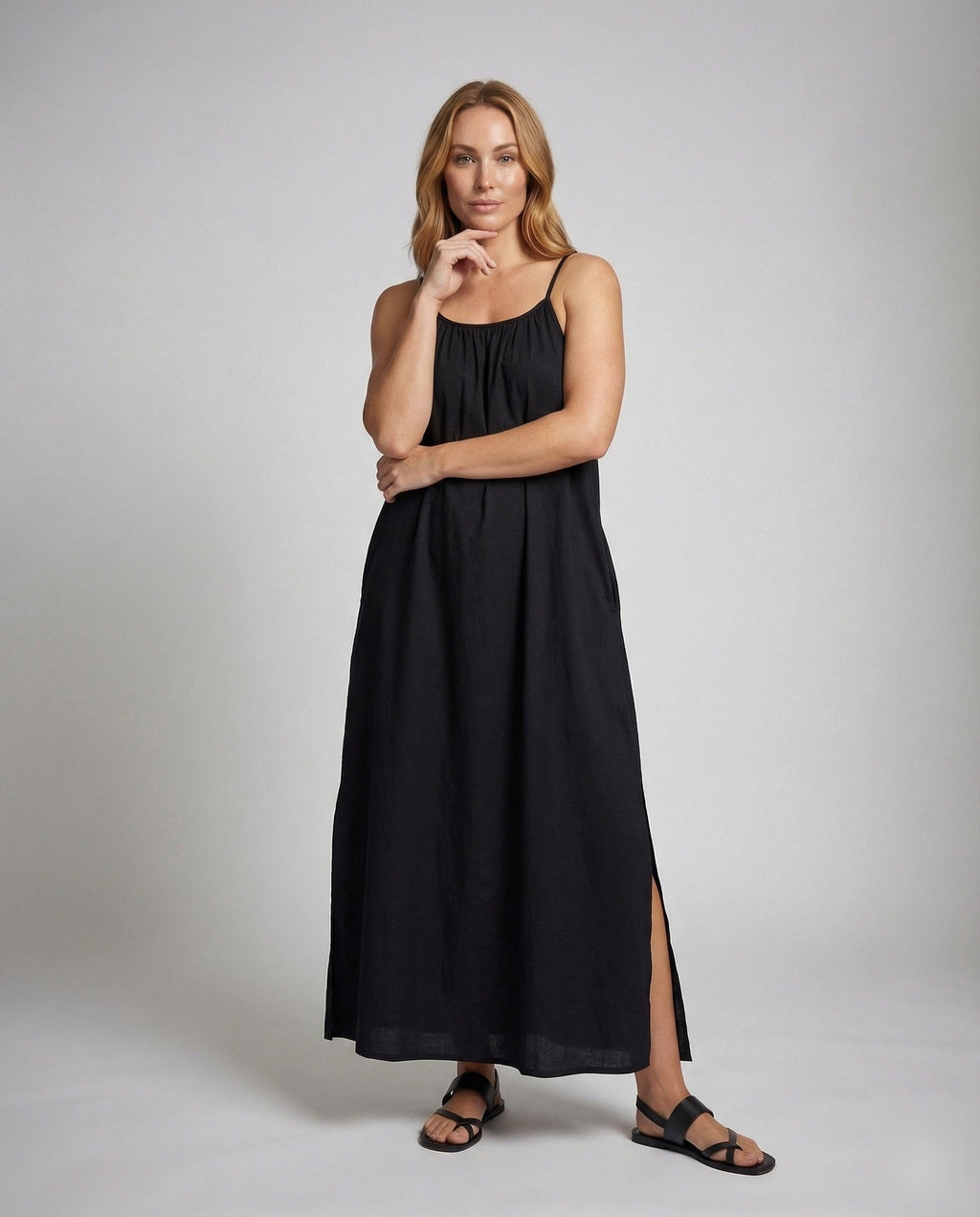 Women's Pleated Maxi Dress with Thin Straps - Front View