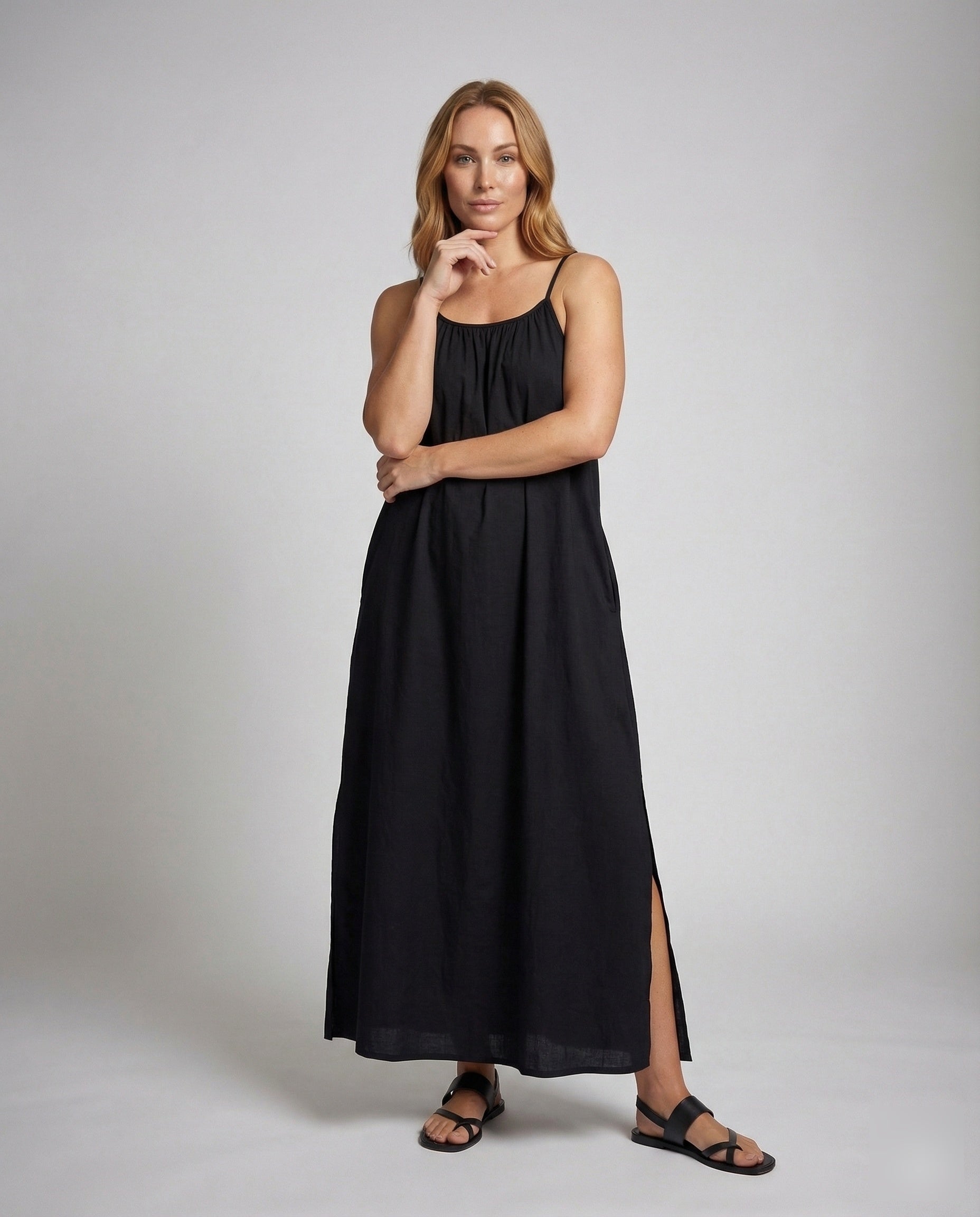 Women's Pleated Maxi Dress with Thin Straps - Front View