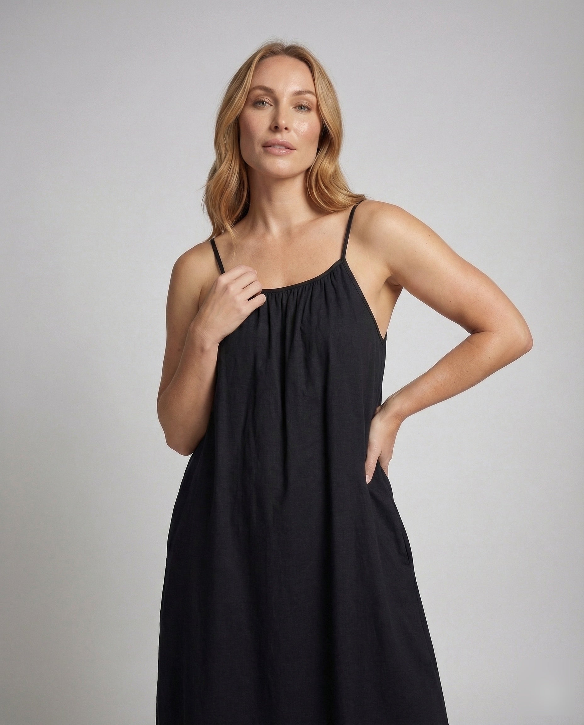 Women's Pleated Maxi Dress with Thin Straps - Upper Body View