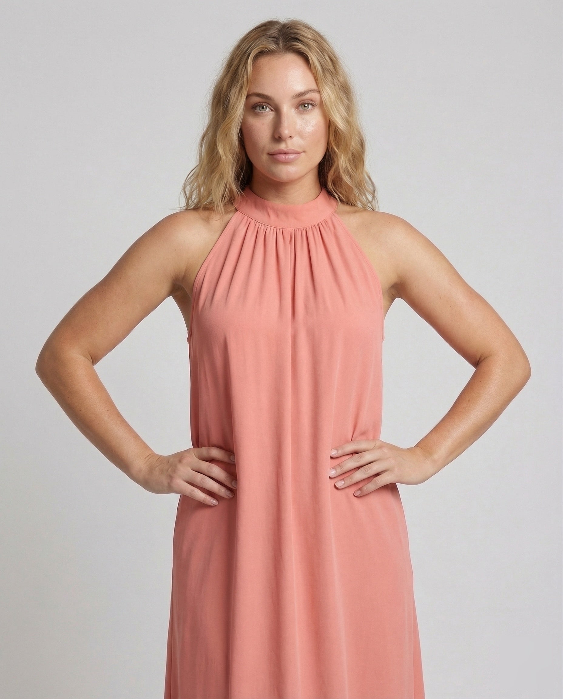 Women's Halter Maxi Dress in A-Line - Upper Body View
