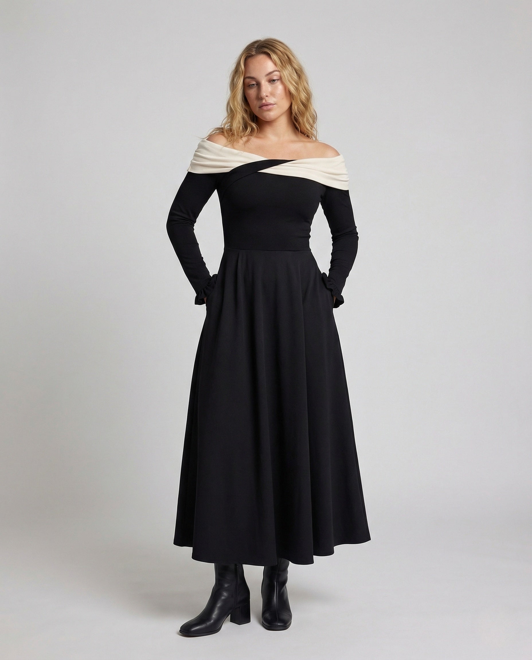 Women's Long Sleeve Evening Dress with Wrap Neckline - Front View