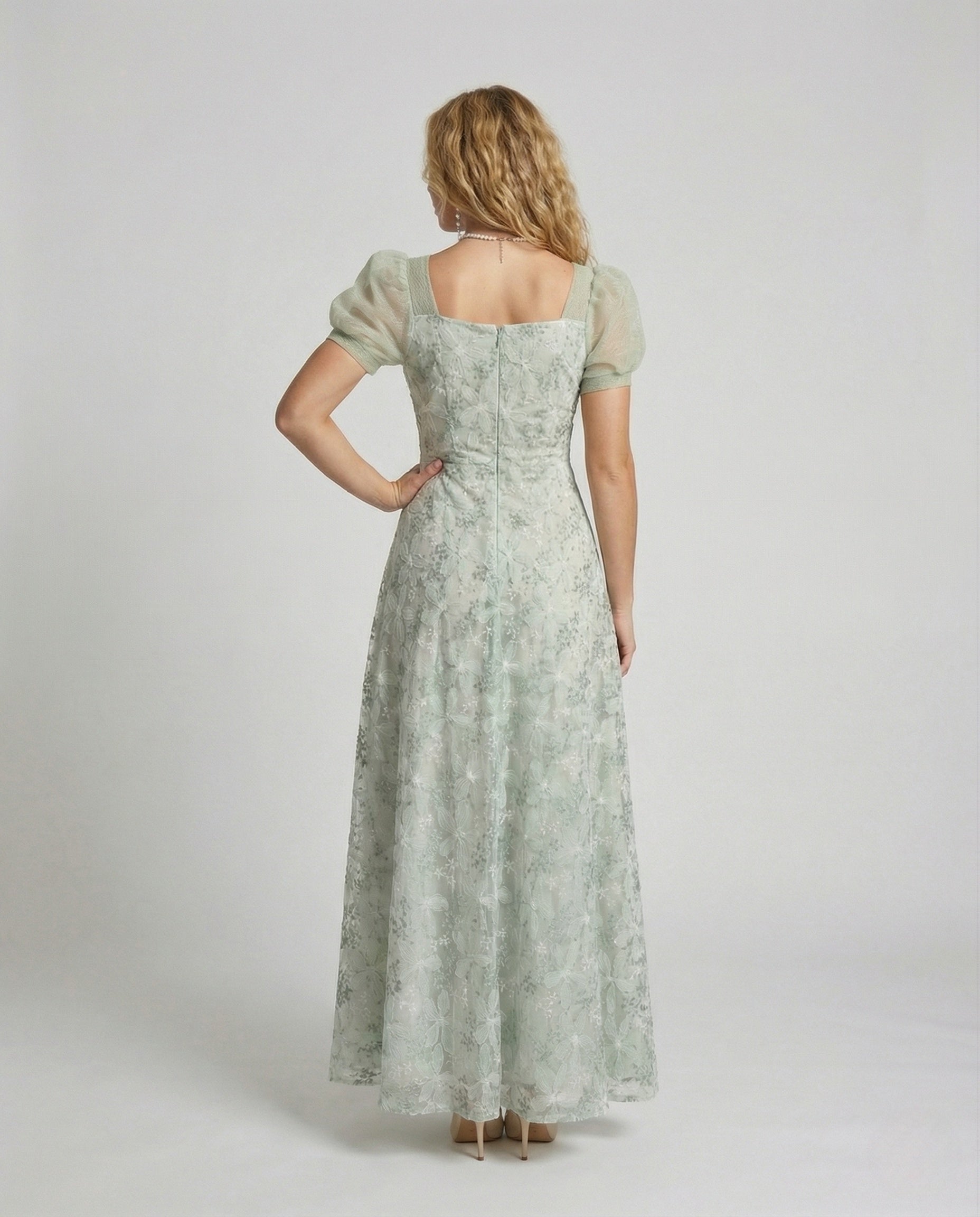 Women's Lace Evening Dress with Puff Sleeves - Back View