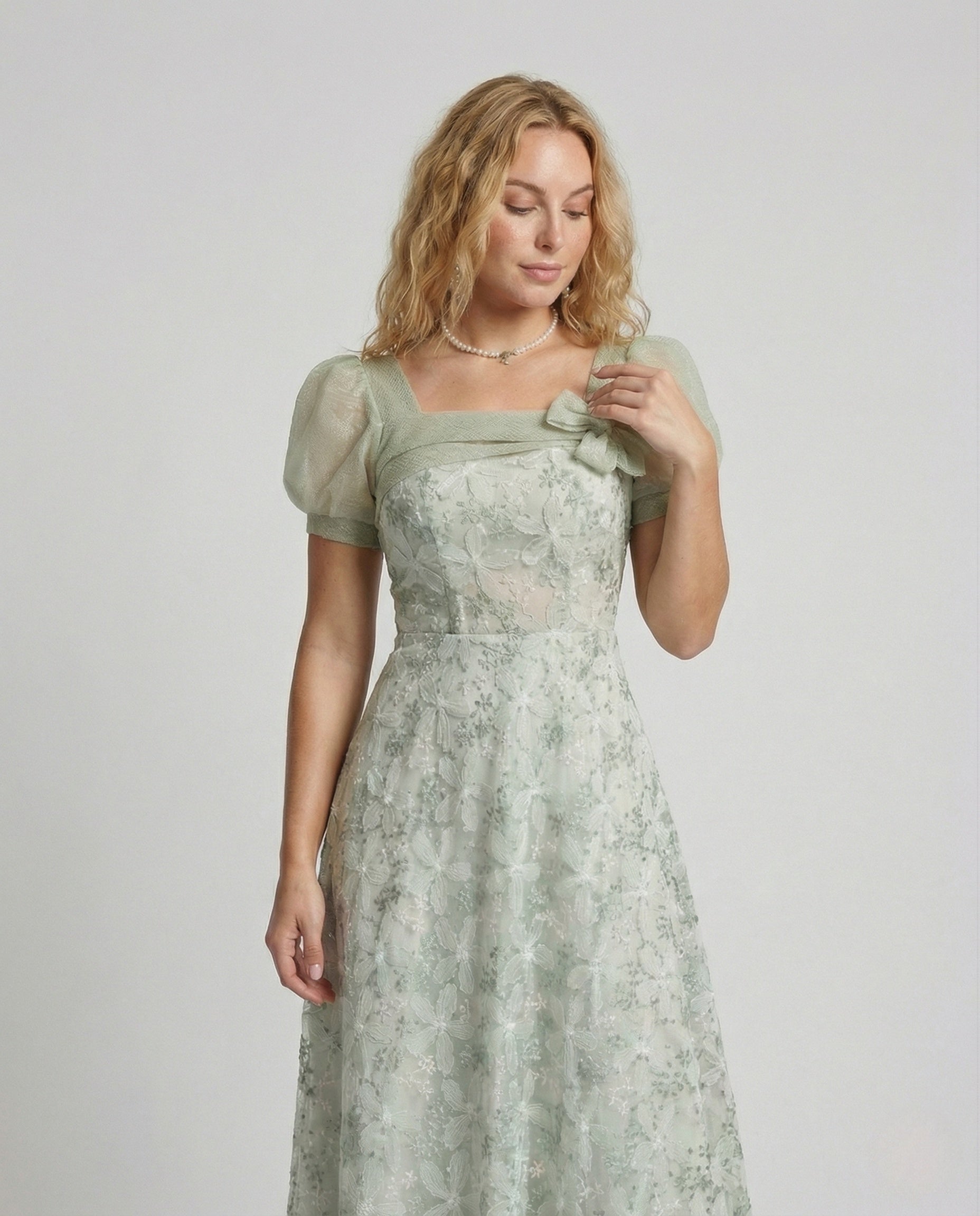 Women's Lace Evening Dress with Puff Sleeves - Upper Body View