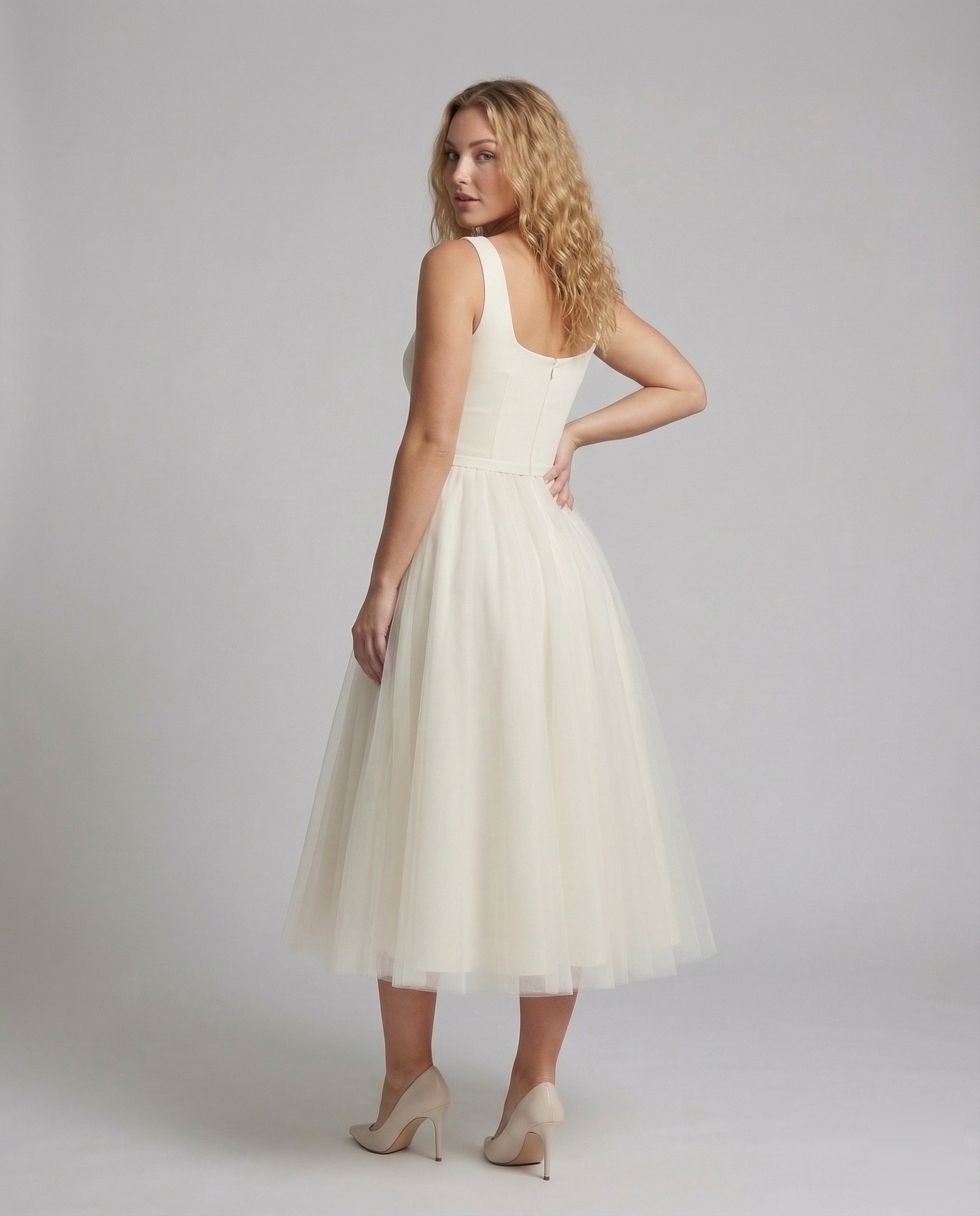 Women's Strap Evening Dress with Tulle Skirt - Back View