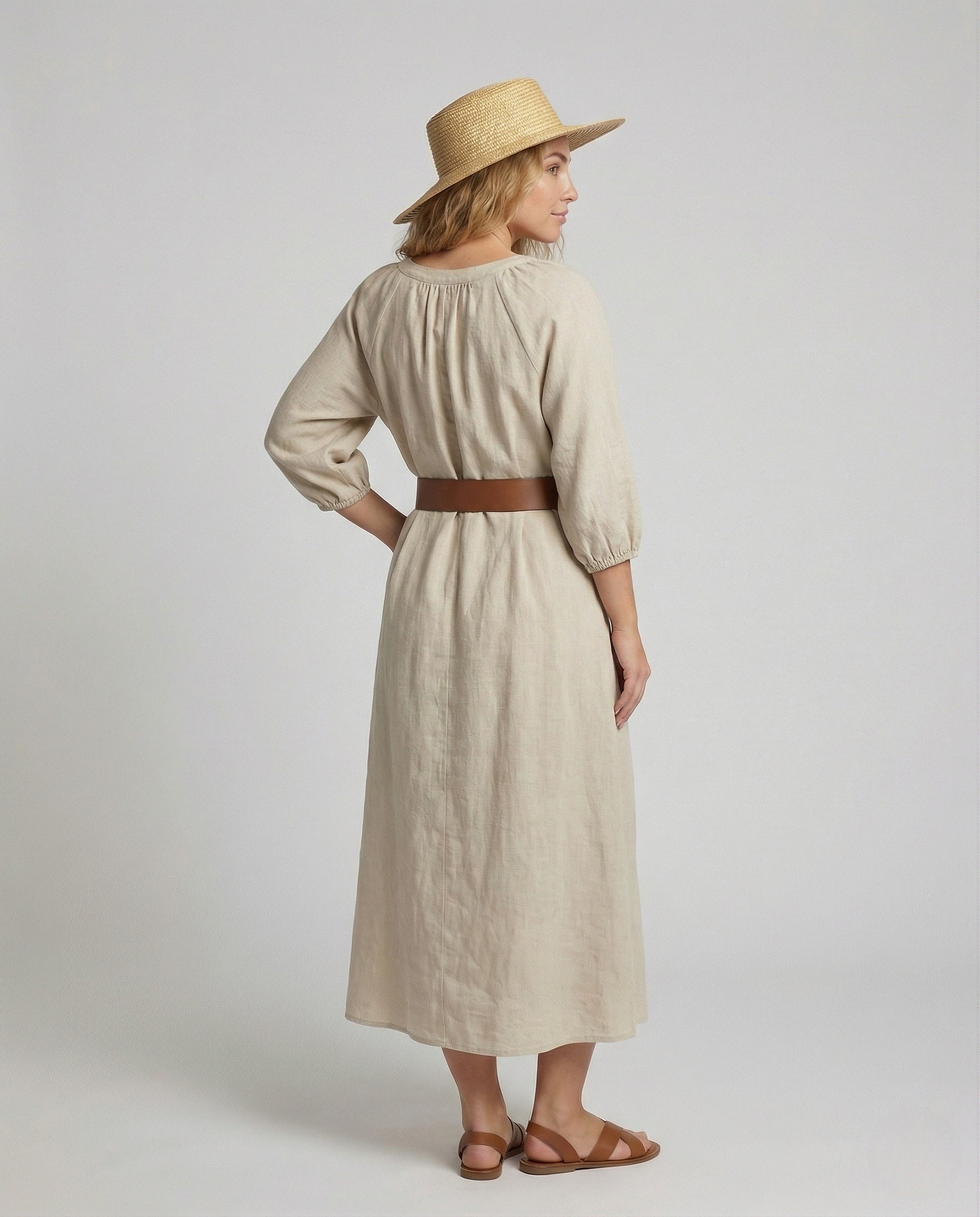 Women's Cotton Maxi Dress with Balloon Sleeves - Back View