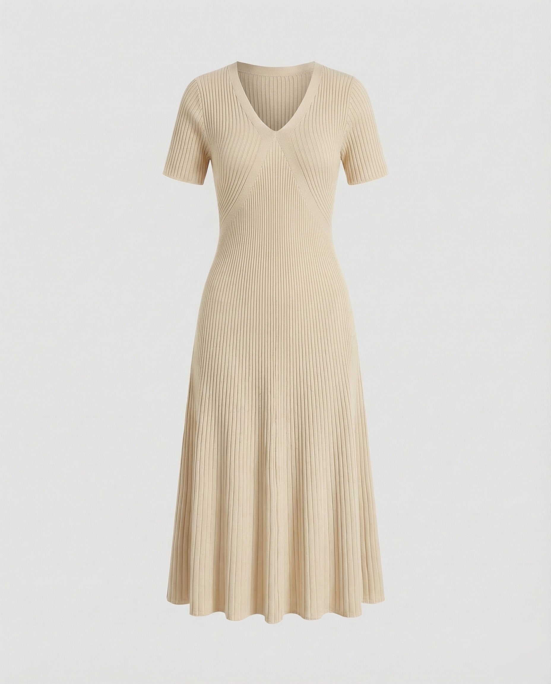 Women's Ribbed Knit Midi Dress with V-Neck