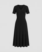 Women's Ribbed Knit Midi Dress with V-Neck