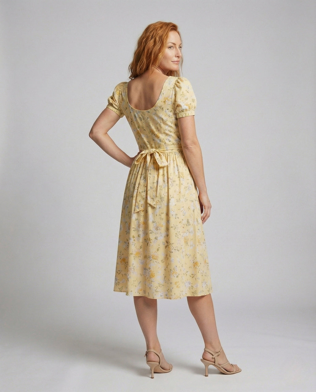 Women's Flowered Midi Dress with Puff Sleeves - Back View
