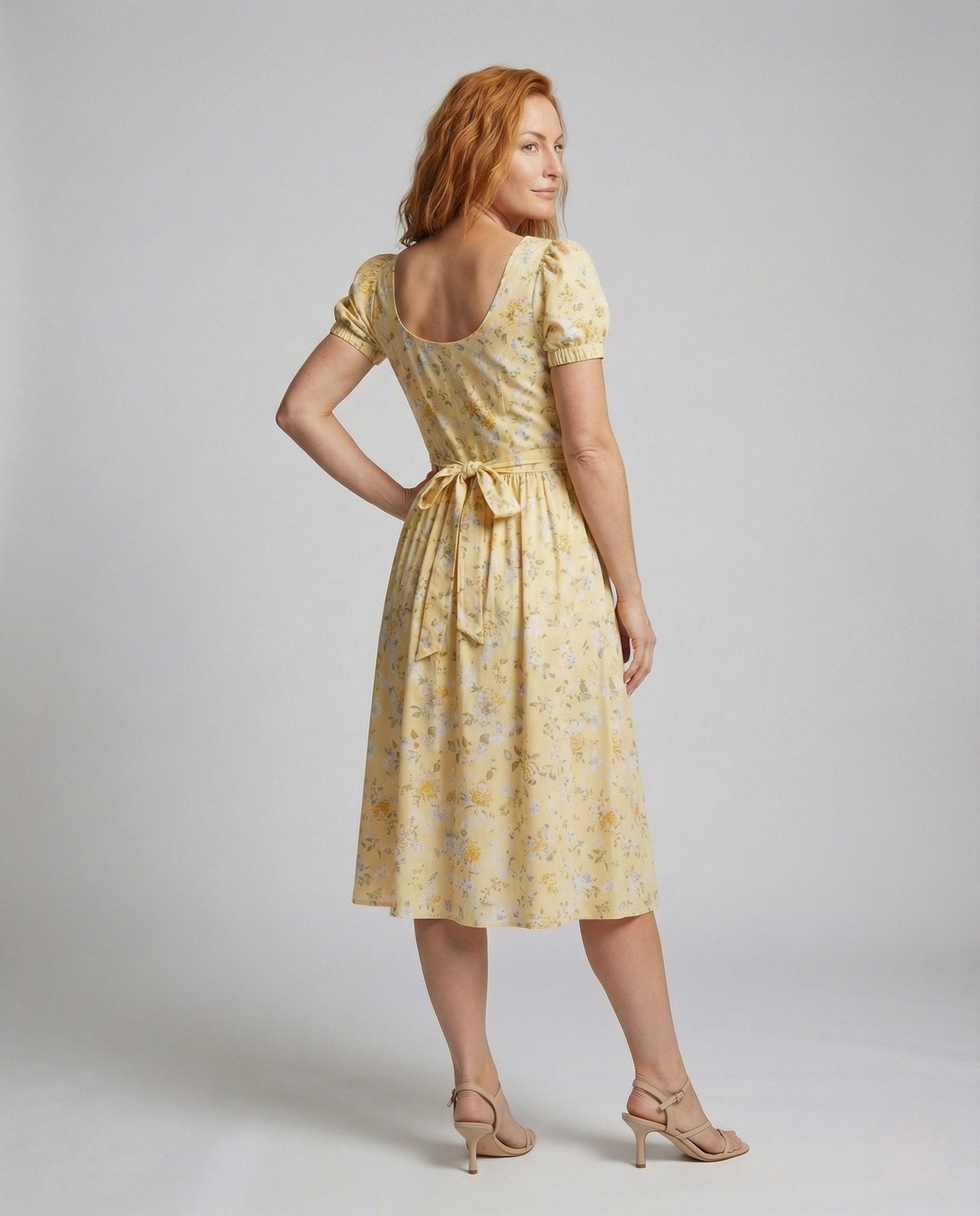 Women's Flowered Midi Dress with Puff Sleeves - Back View