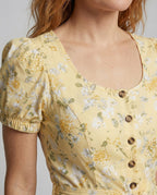 Women's Flowered Midi Dress with Puff Sleeves - Close-Up Detail