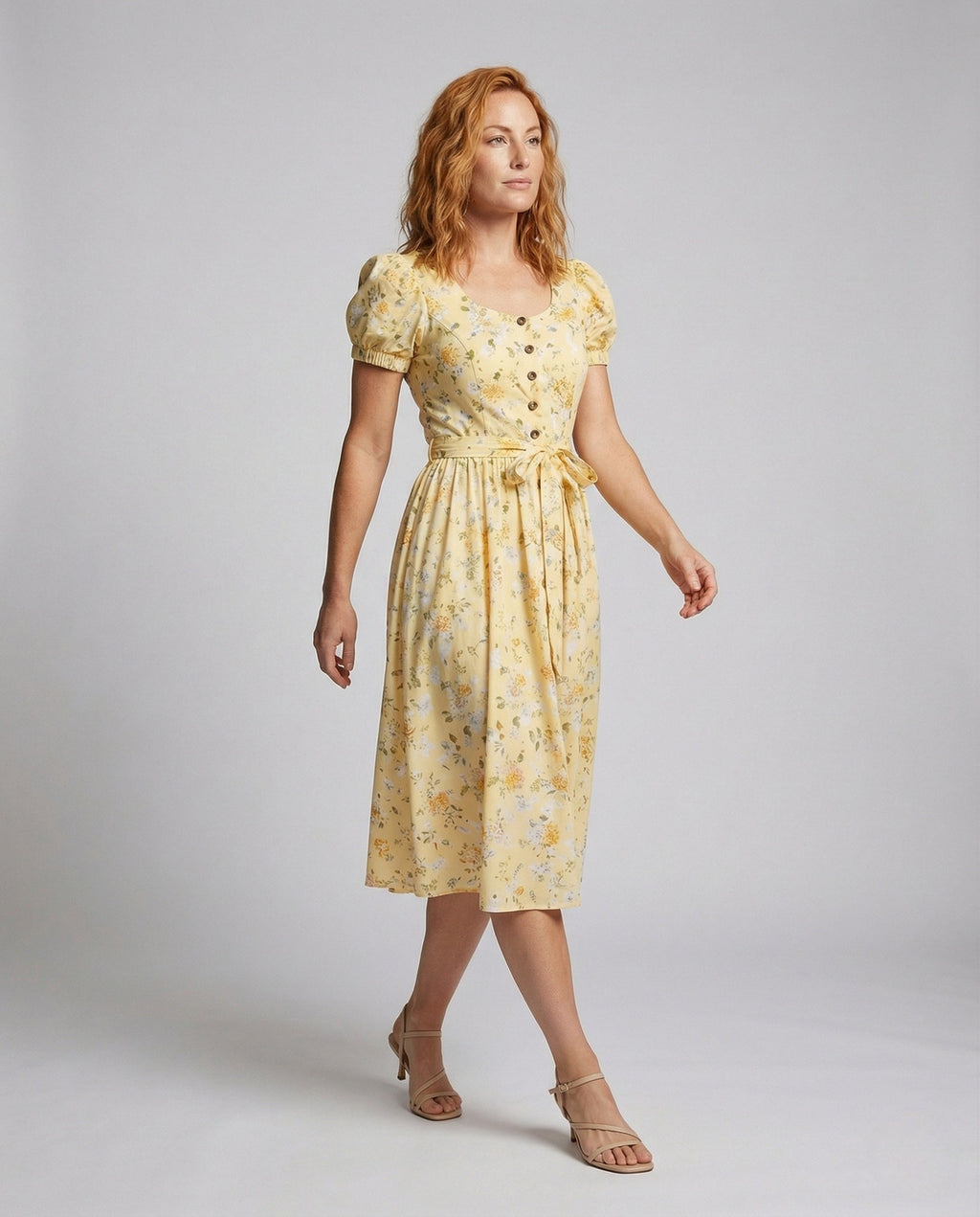Women's Flowered Midi Dress with Puff Sleeves - Front View