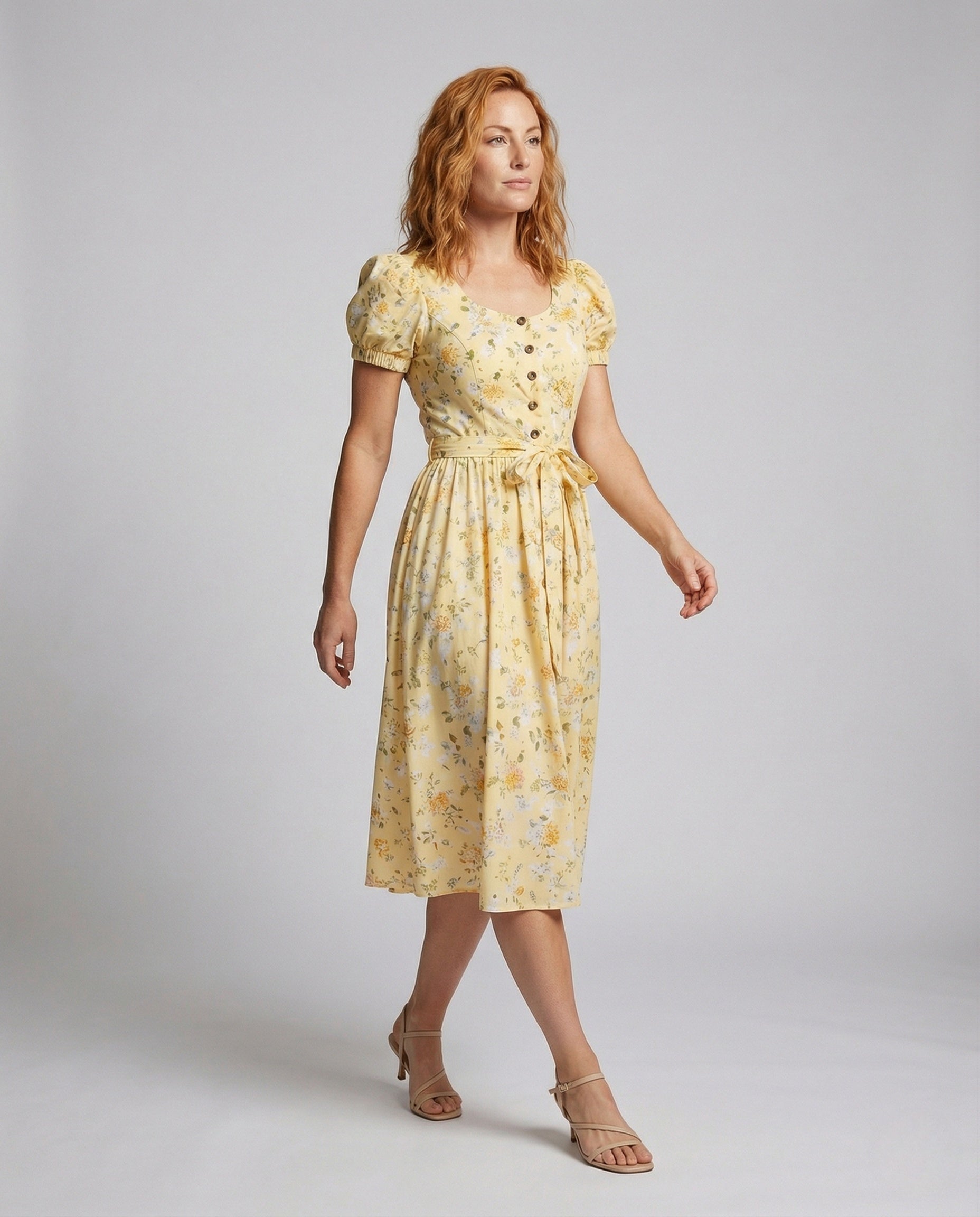 Women's Flowered Midi Dress with Puff Sleeves - Front View