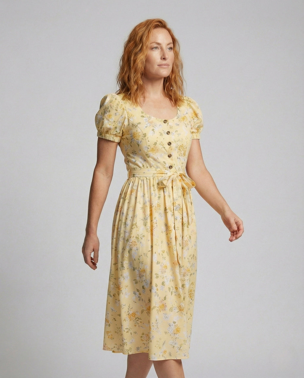 Women's Flowered Midi Dress with Puff Sleeves - Upper Body View