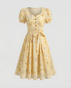 Women's Flowered Midi Dress with Puff Sleeves