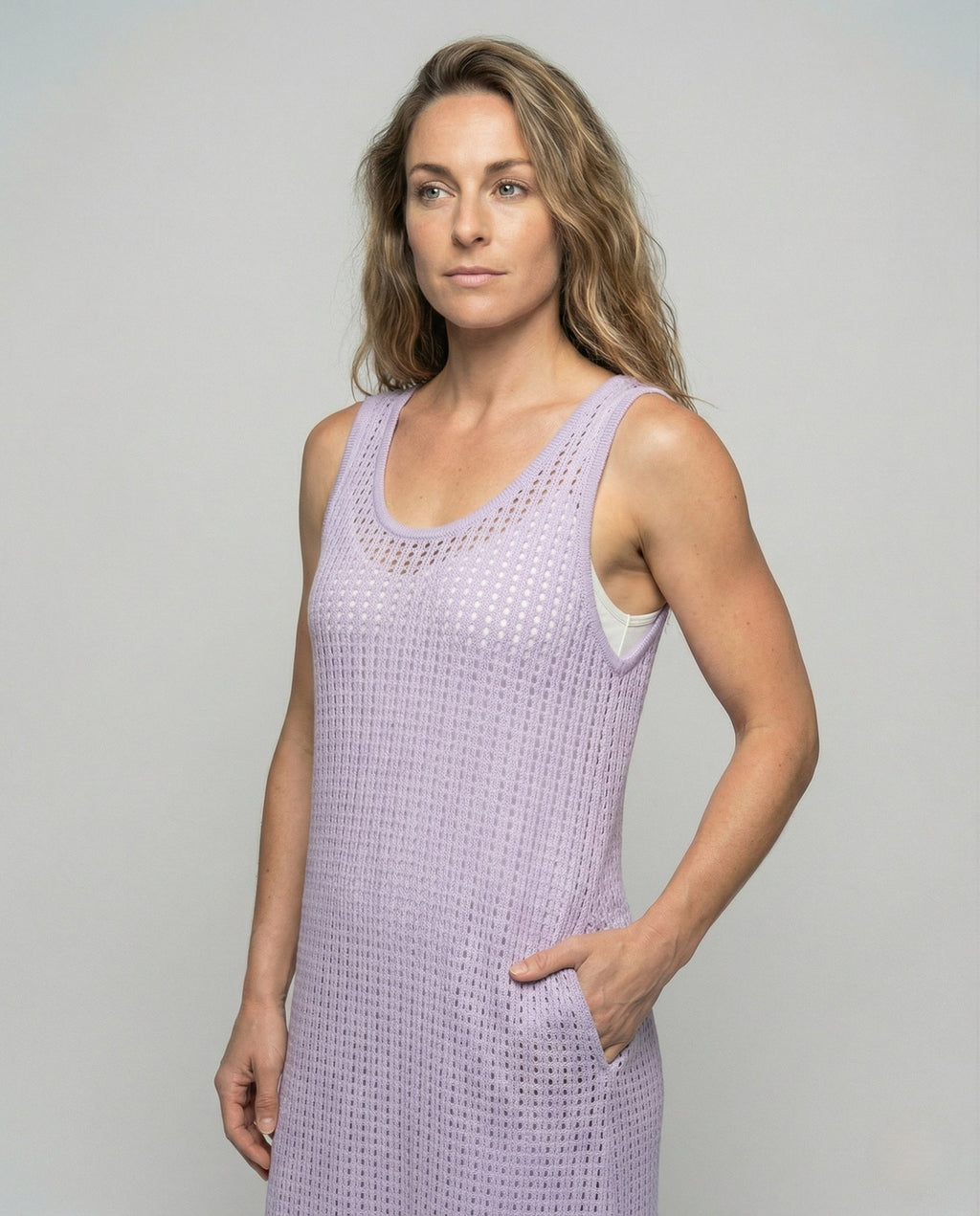 Women's Crocheted Maxi Dress in A-Line - Upper Body View
