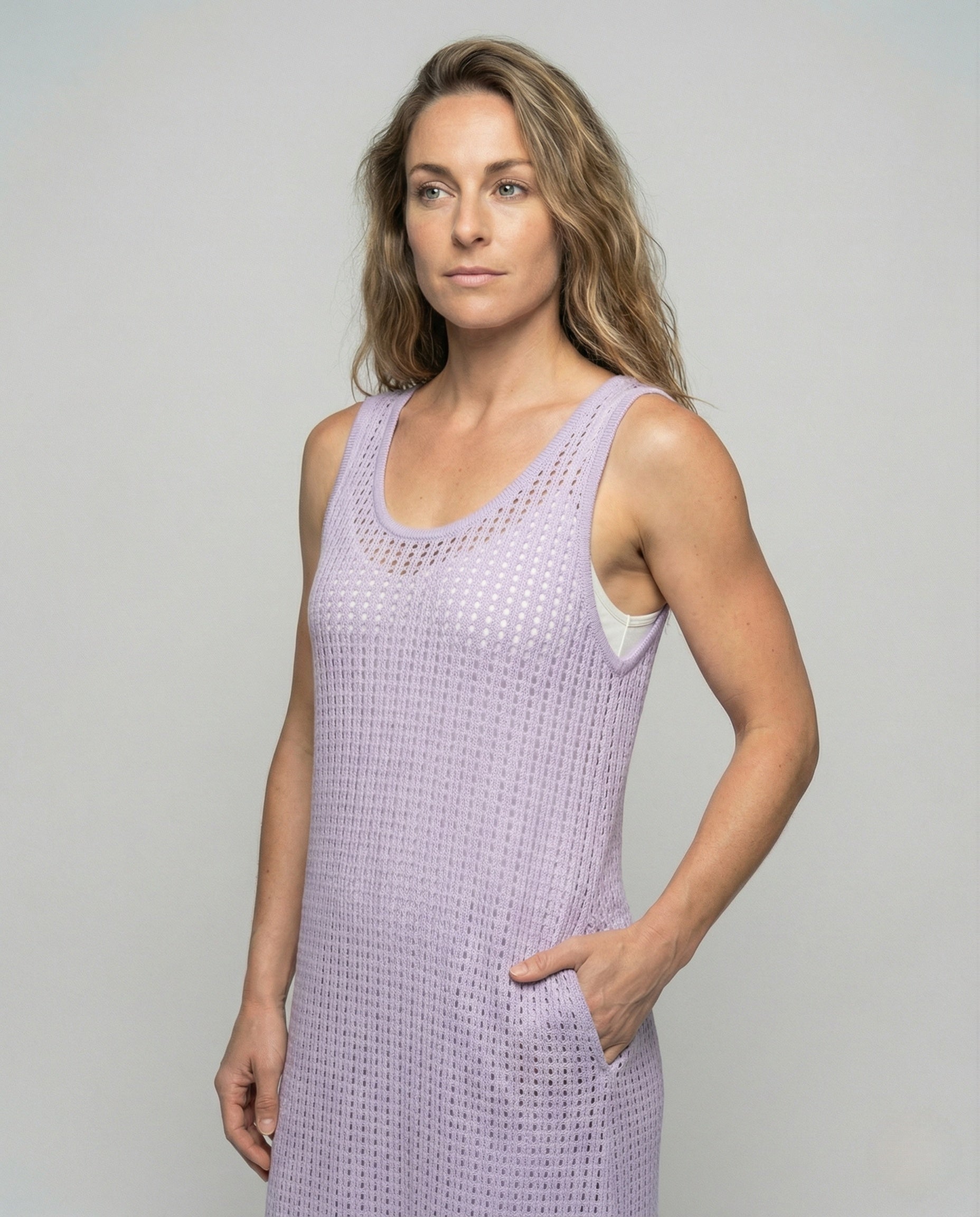 Women's Crocheted Maxi Dress in A-Line - Upper Body View