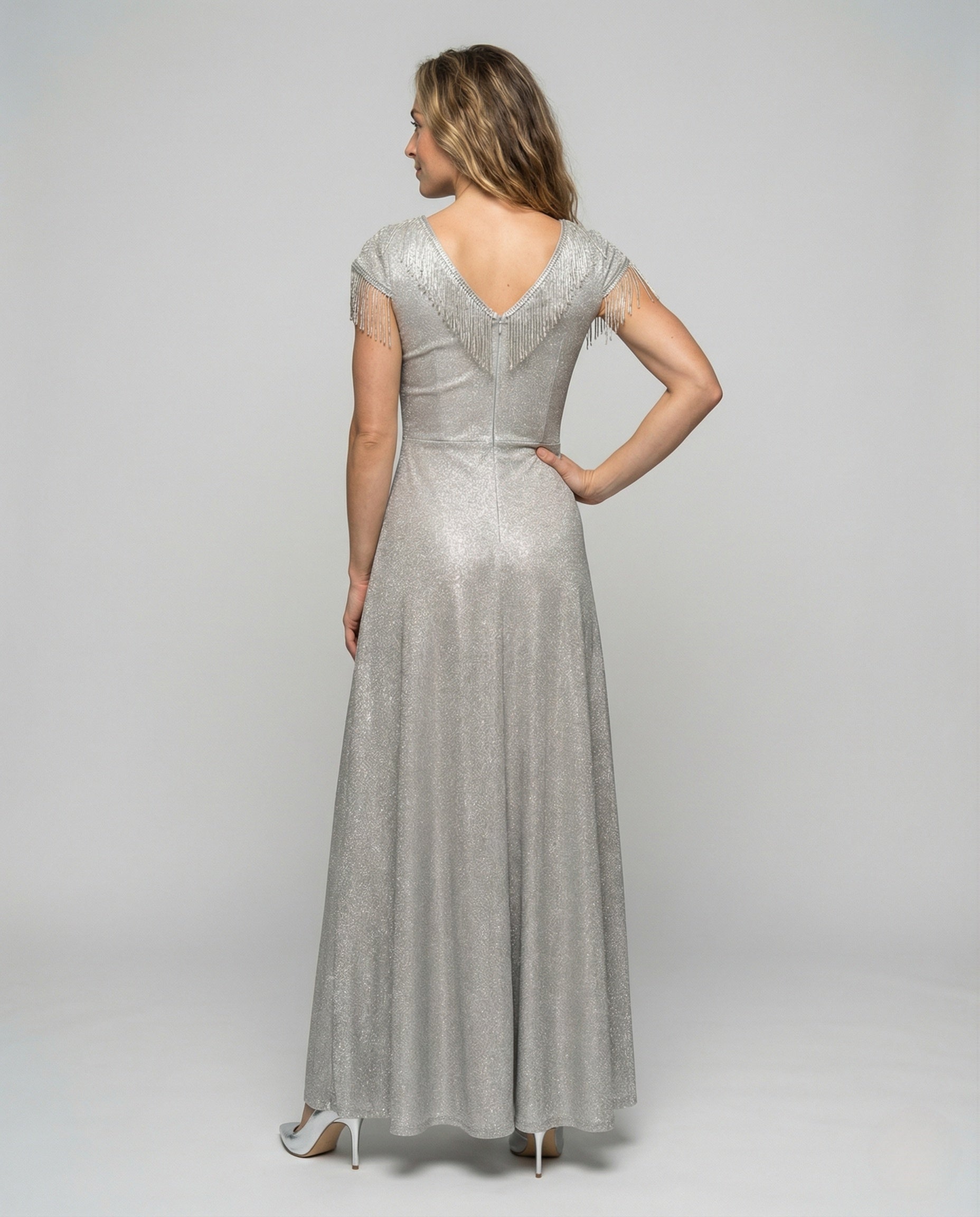 Women's Glittering Evening Dress with Fringe Sleeves - Back View