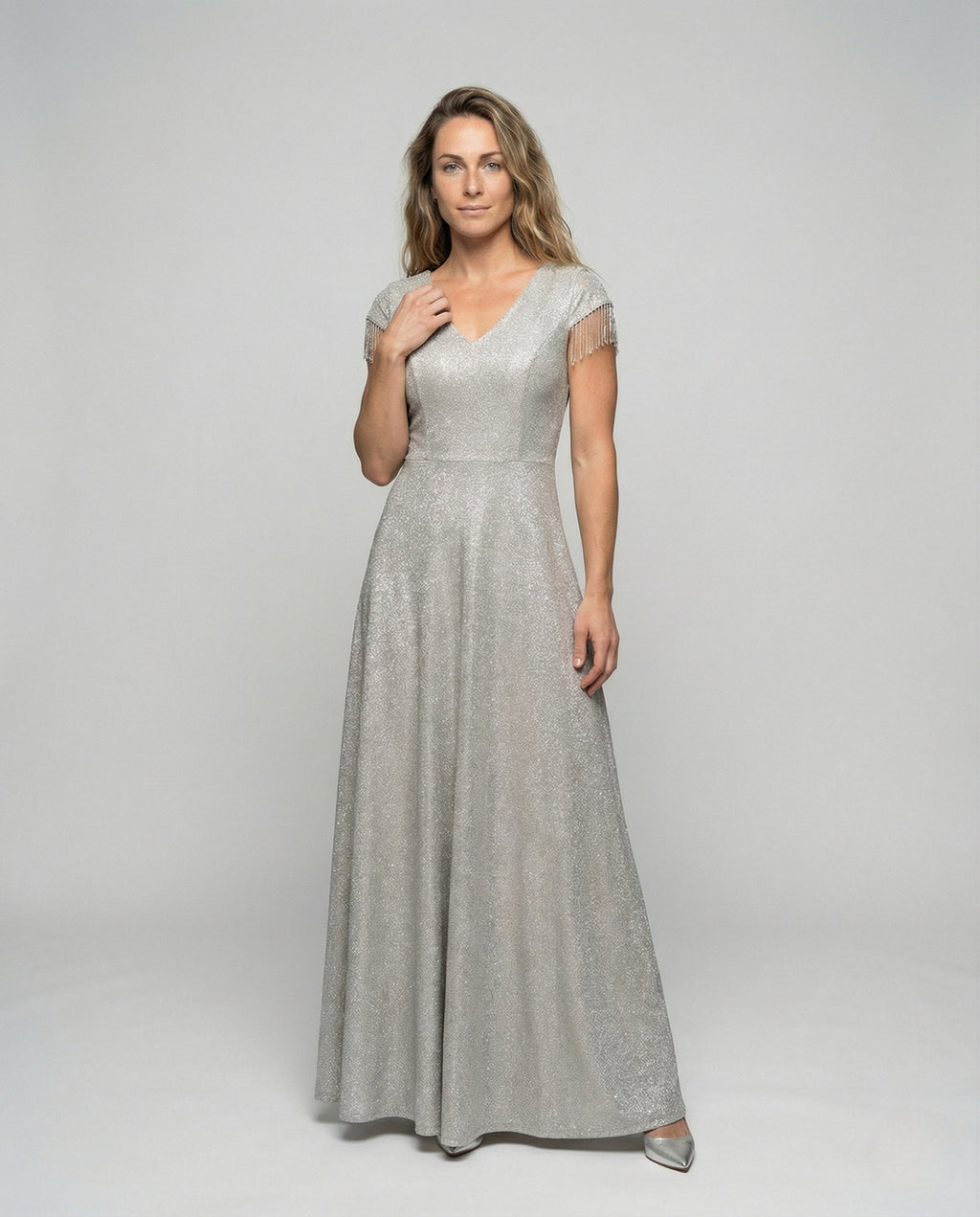 Women's Glittering Evening Dress with Fringe Sleeves - Front View