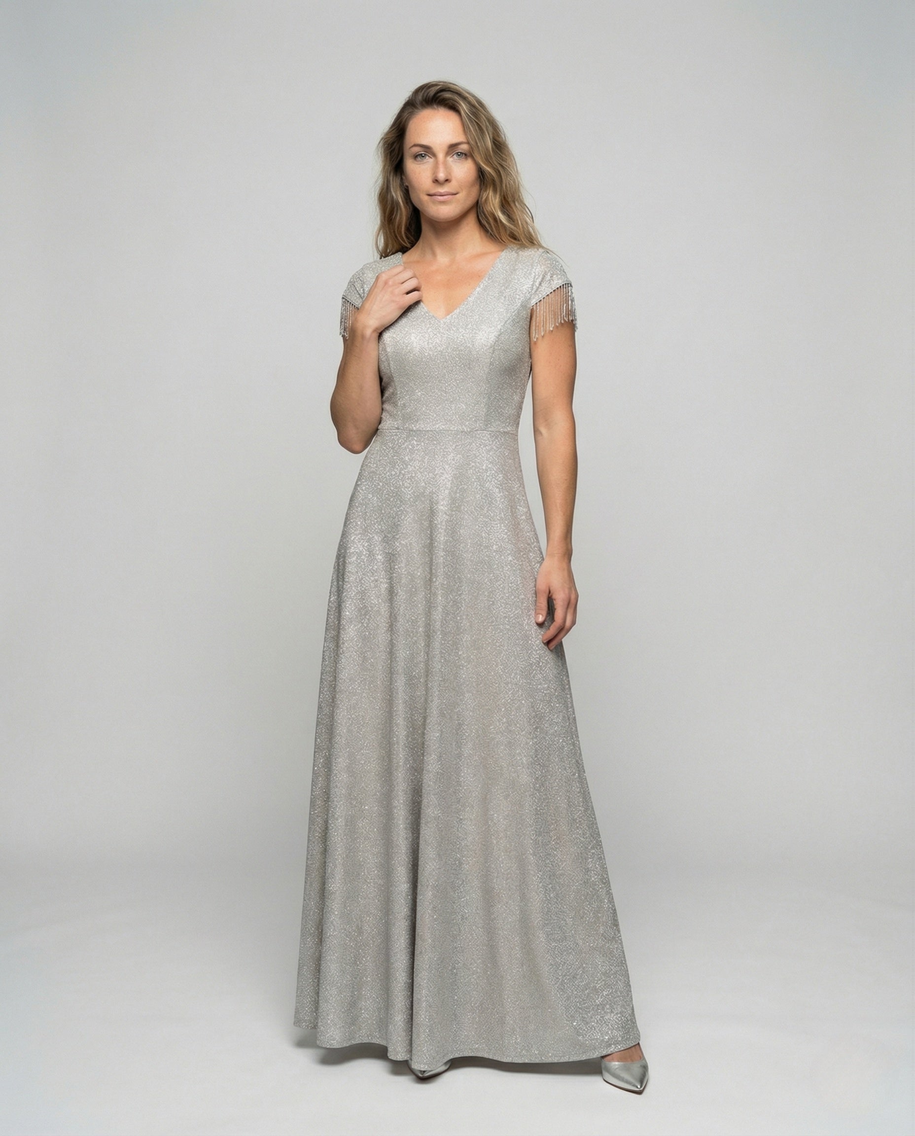 Women's Glittering Evening Dress with Fringe Sleeves - Front View