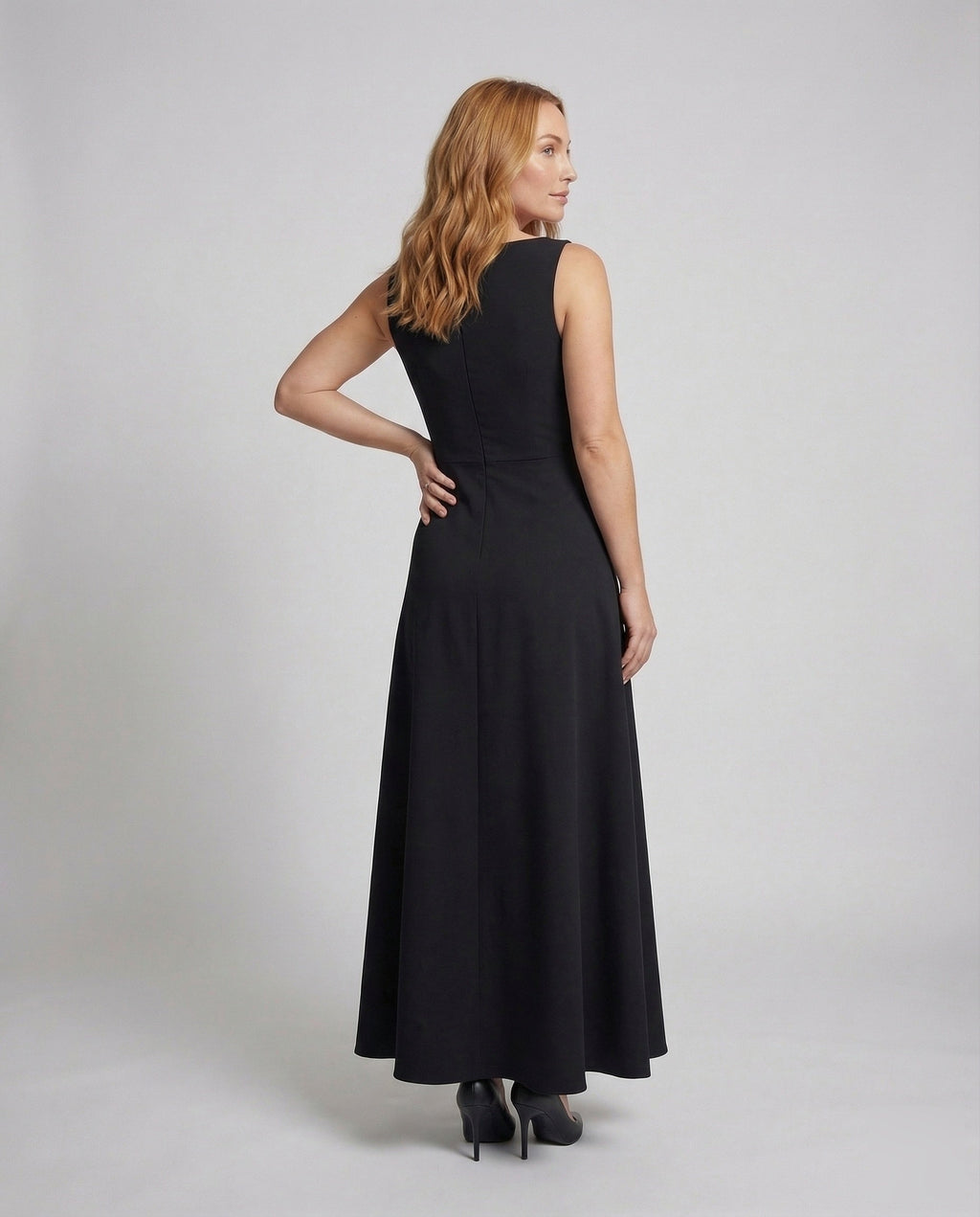 Women's Long Evening Gown with Puff Sleeves - Back View