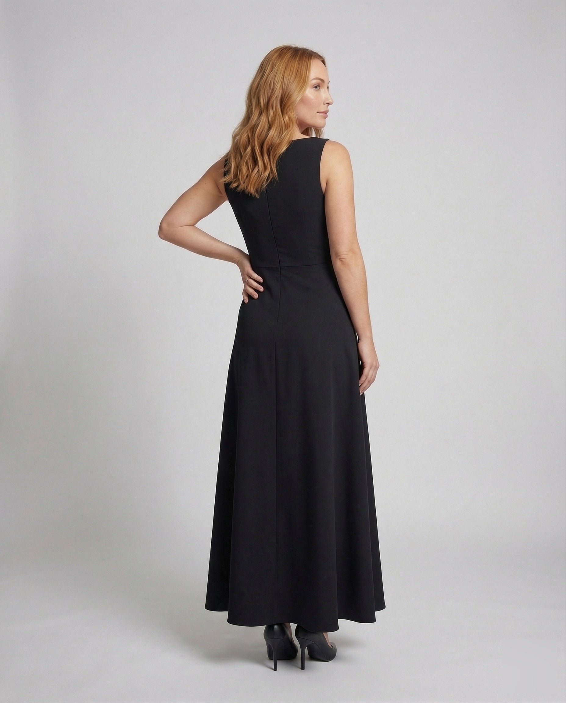 Women's Long Evening Gown with Puff Sleeves - Back View