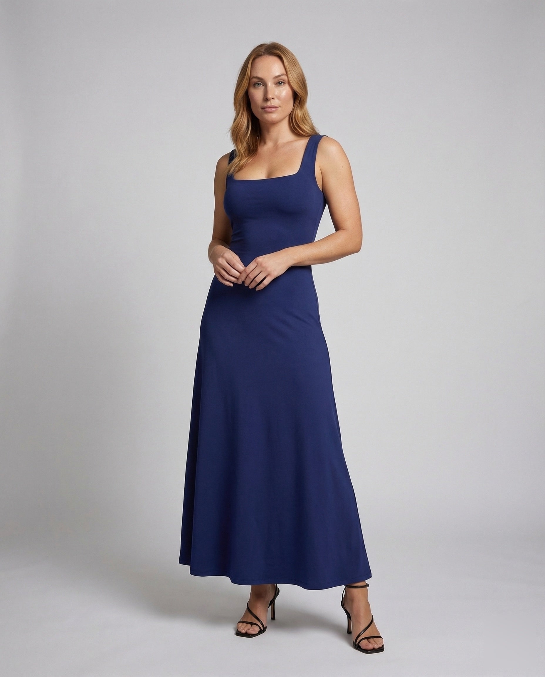 Women's Stretch Jersey Dress with Square Neckline - Front View