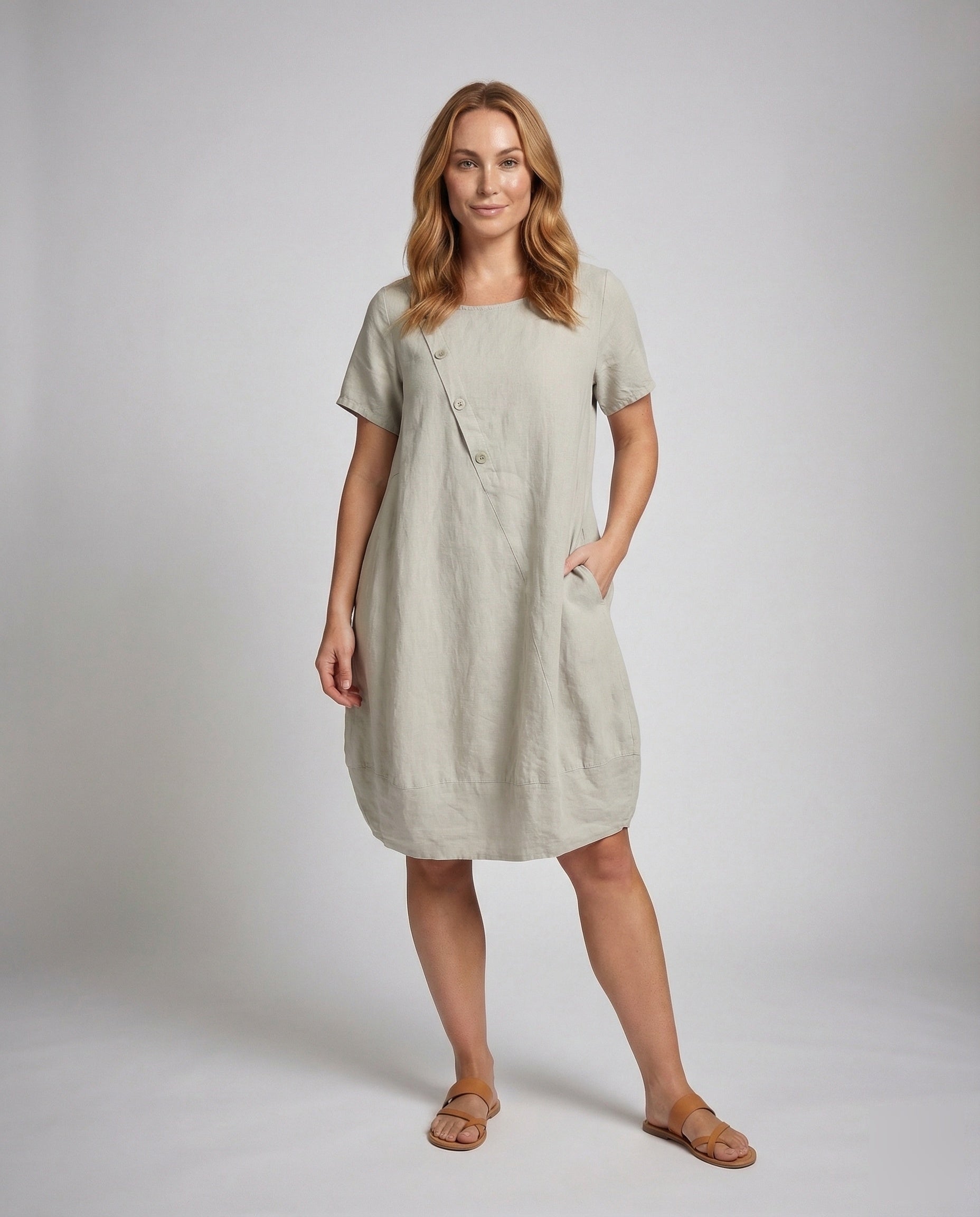 Women's Linen Short Dress in A-Line with Pockets - Front View