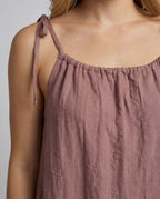 Women's Linen Maxi Dress with Spaghetti Straps - Close-Up Detail