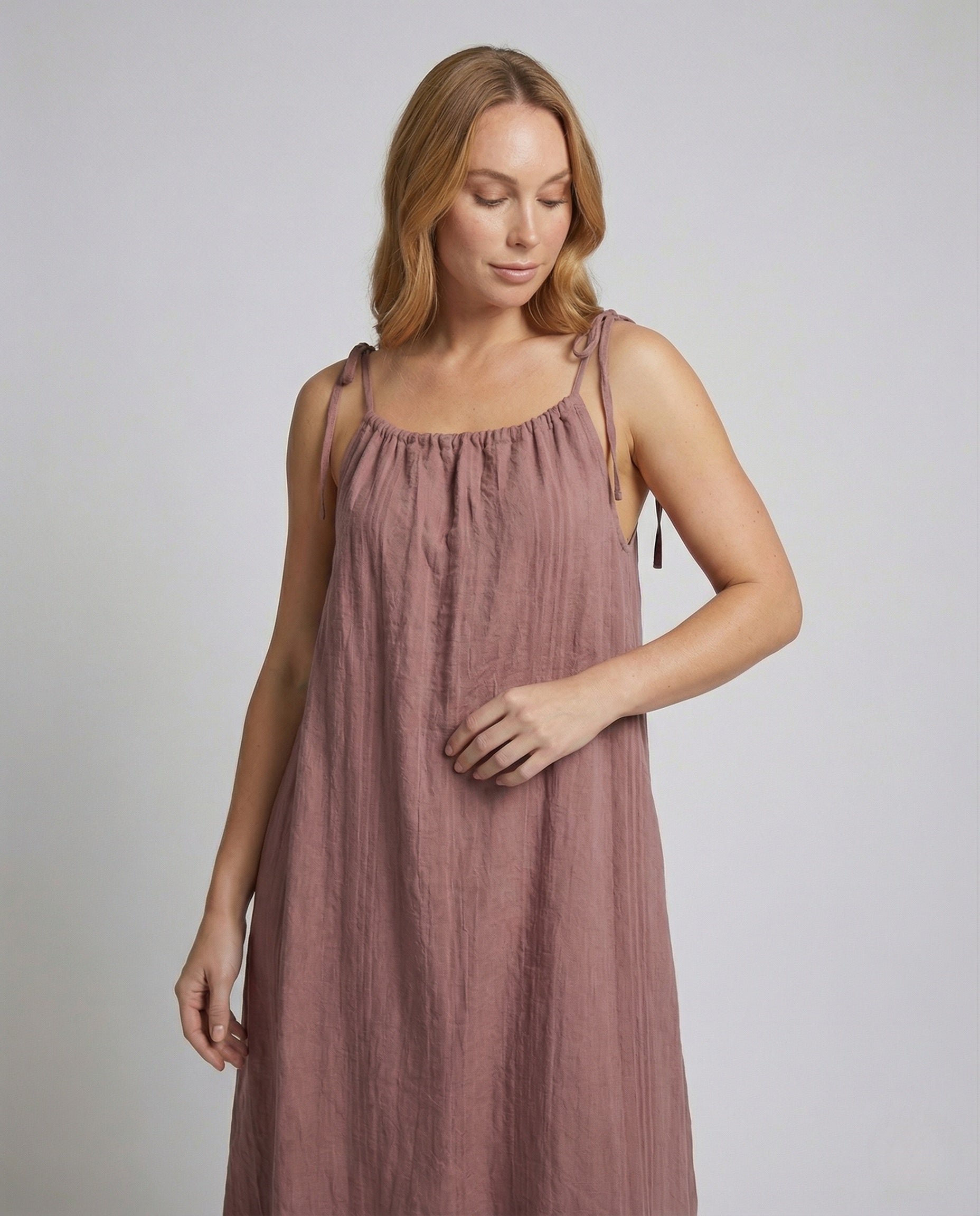 Women's Linen Maxi Dress with Spaghetti Straps - Upper Body View