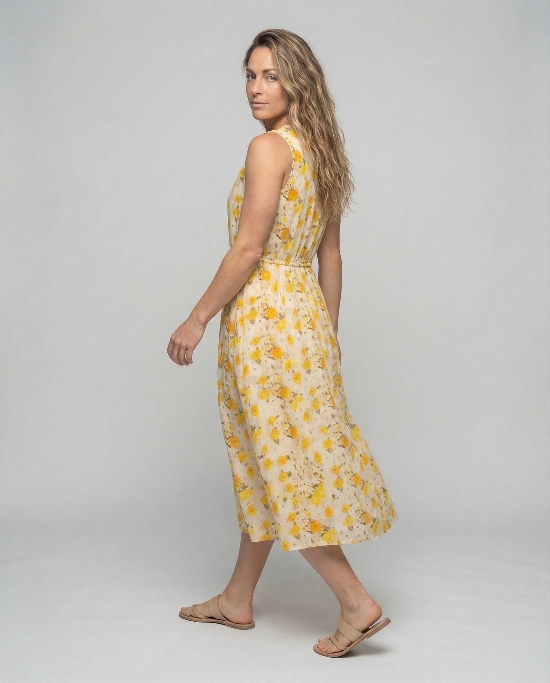 Women's Floral Midi Dress with Drawstring Waist - Back View