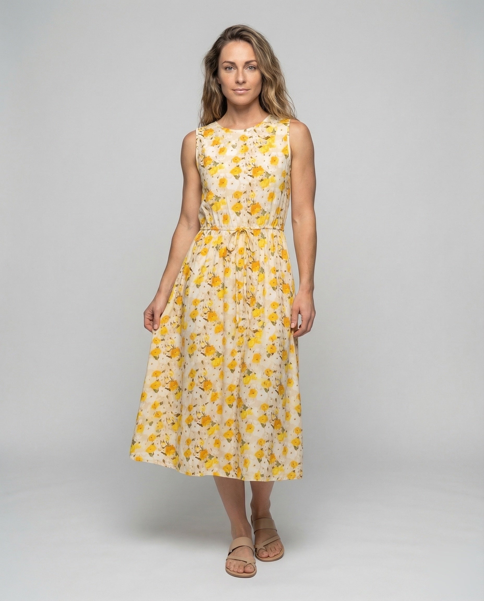 Women's Floral Midi Dress with Drawstring Waist - Front View