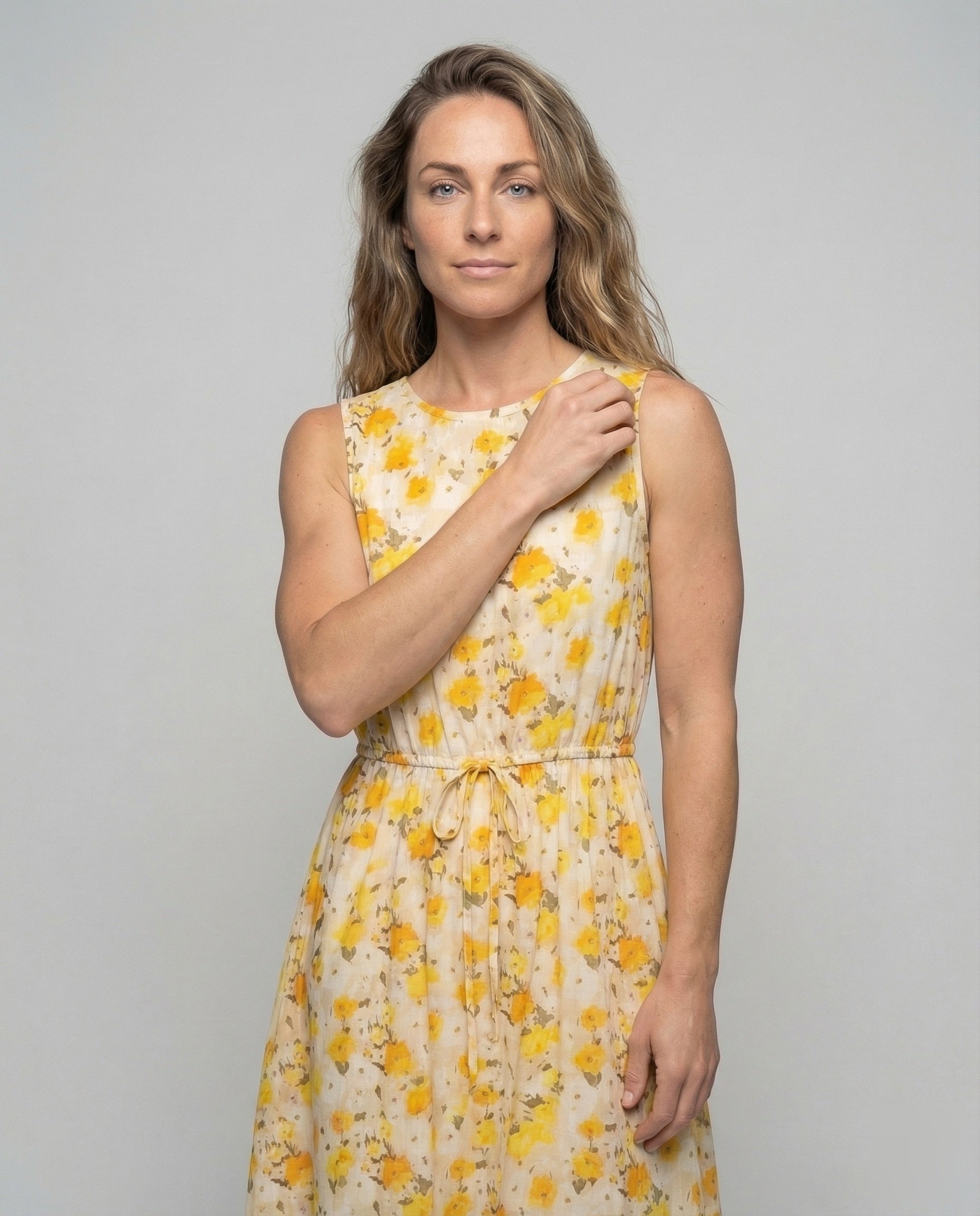 Women's Floral Midi Dress with Drawstring Waist - Upper Body View